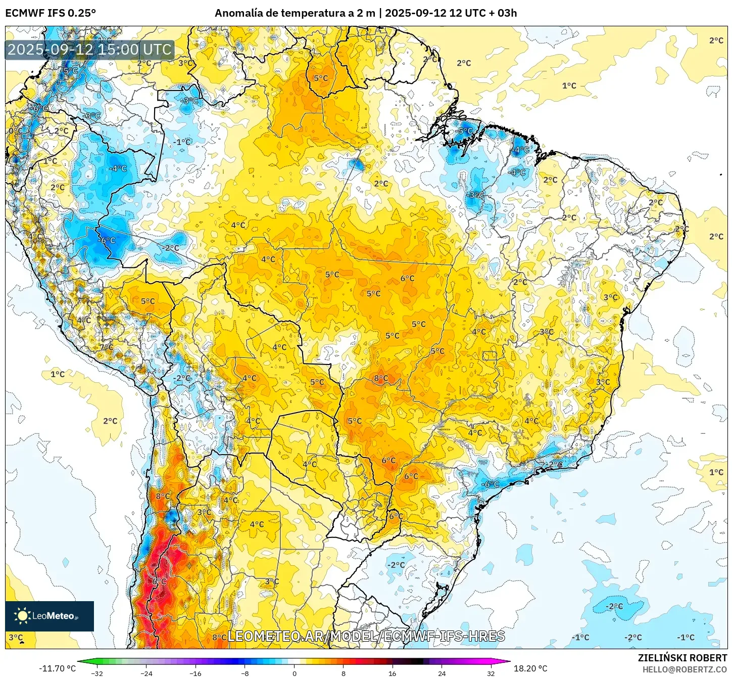ECMWF IFS 0.25° model - Brasil, Anomalía de temperatura a 2 m