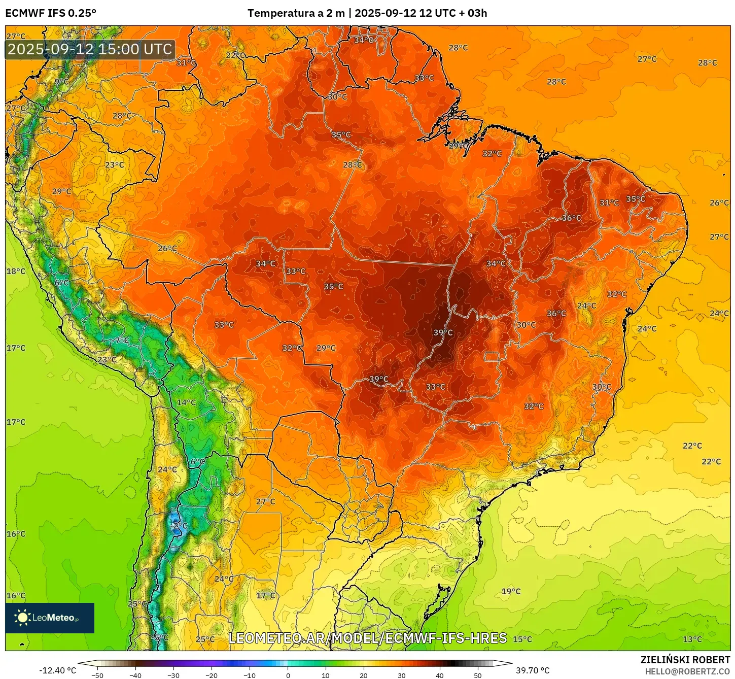 ECMWF IFS 0.25° model - Brasil, Temperatura a 2 m