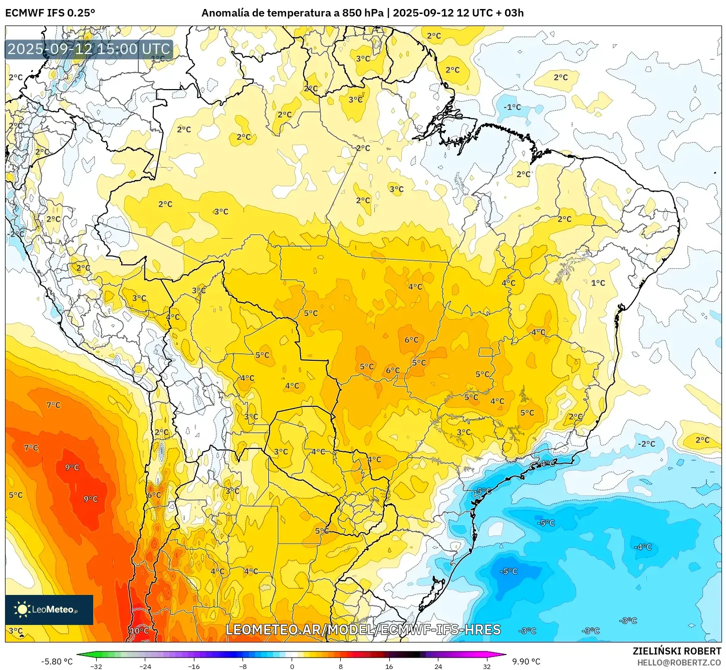 ECMWF IFS 0.25° model - Brasil, Anomalía de temperatura a 850 hPa