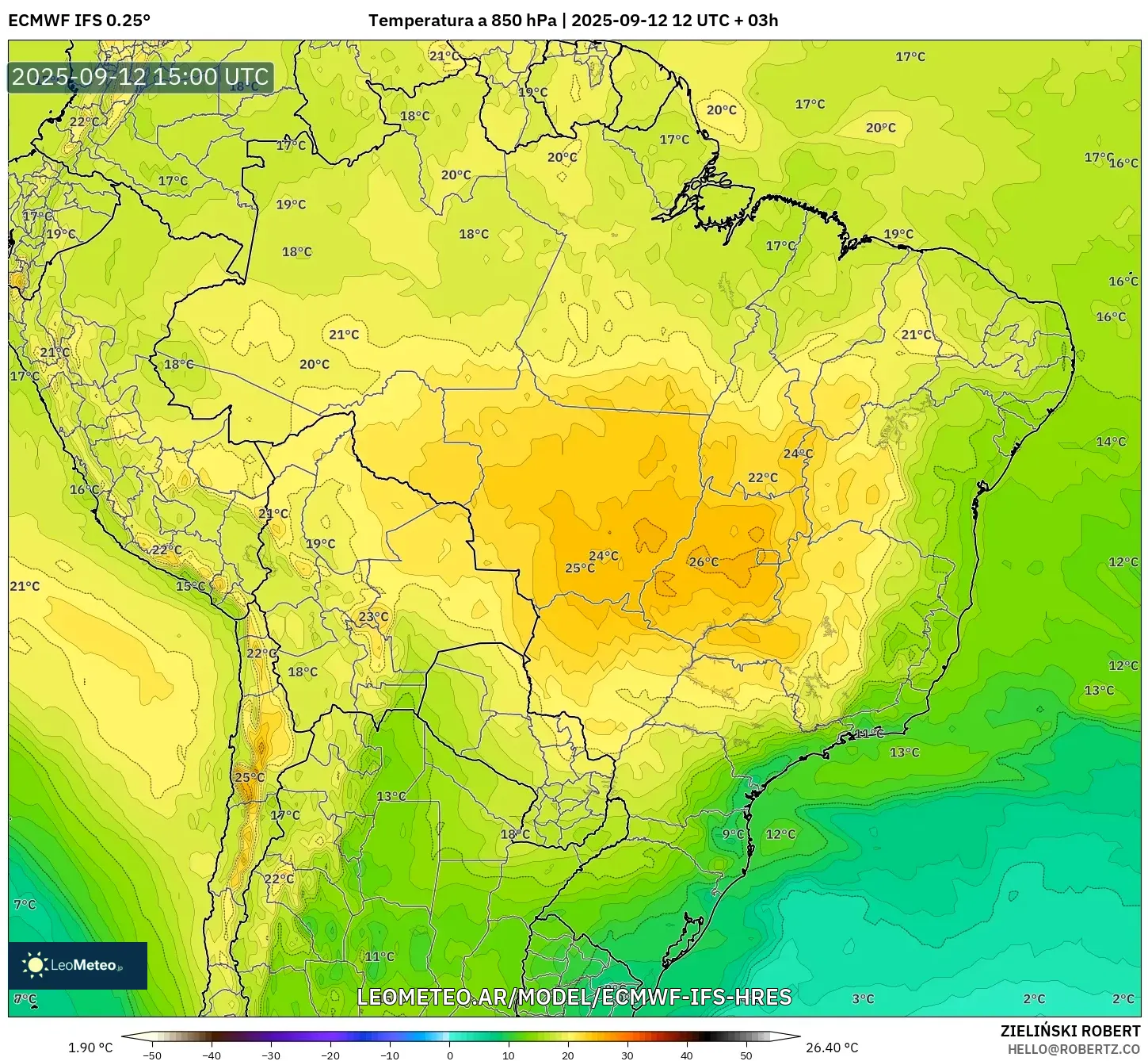 ECMWF IFS 0.25° model - Brasil, Temperatura a 850 hPa