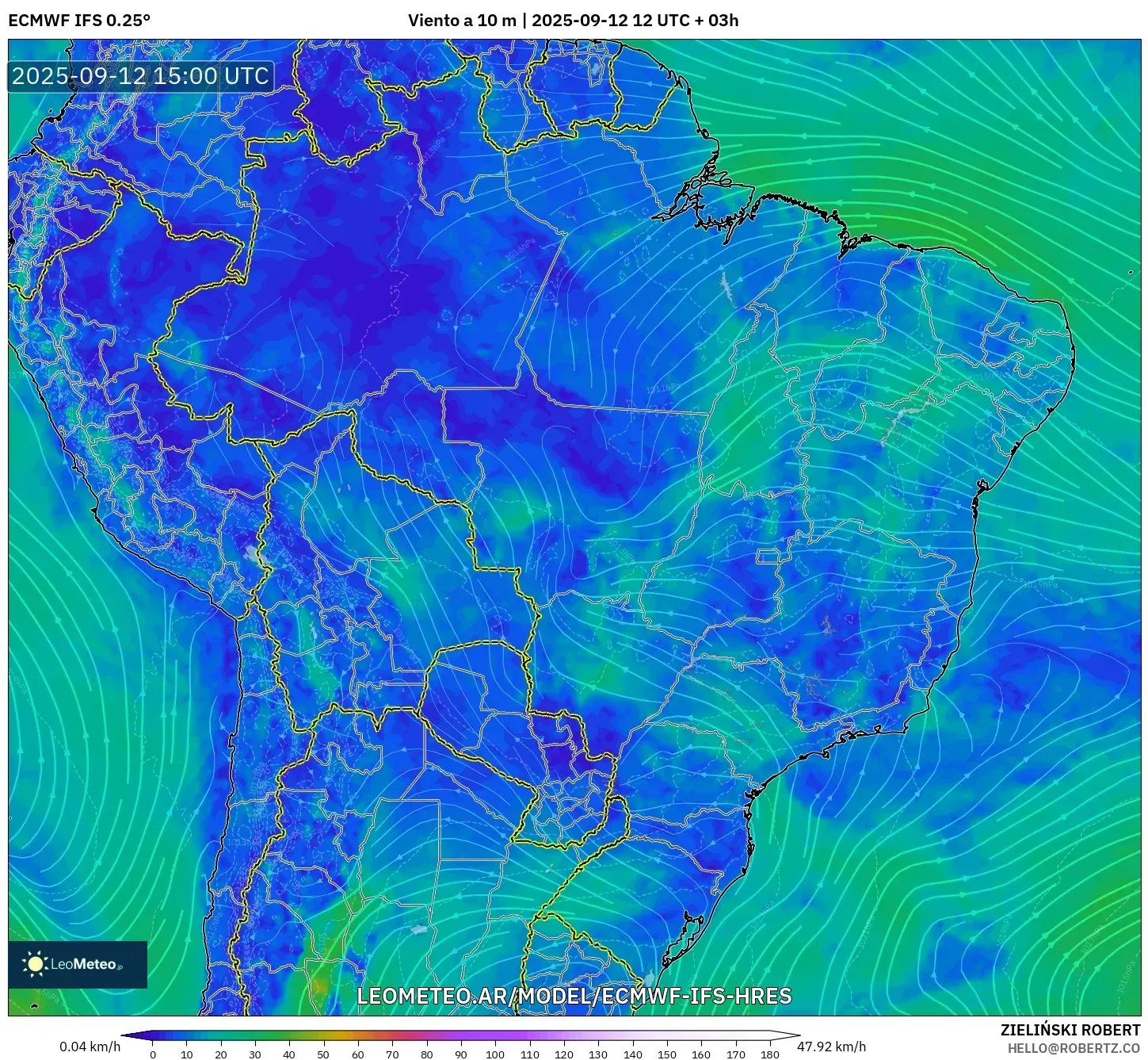 ECMWF IFS 0.25° model - Brasil, Viento a 10 m ECMWF IFS 0.25° model - Brasil, Viento a 10 m