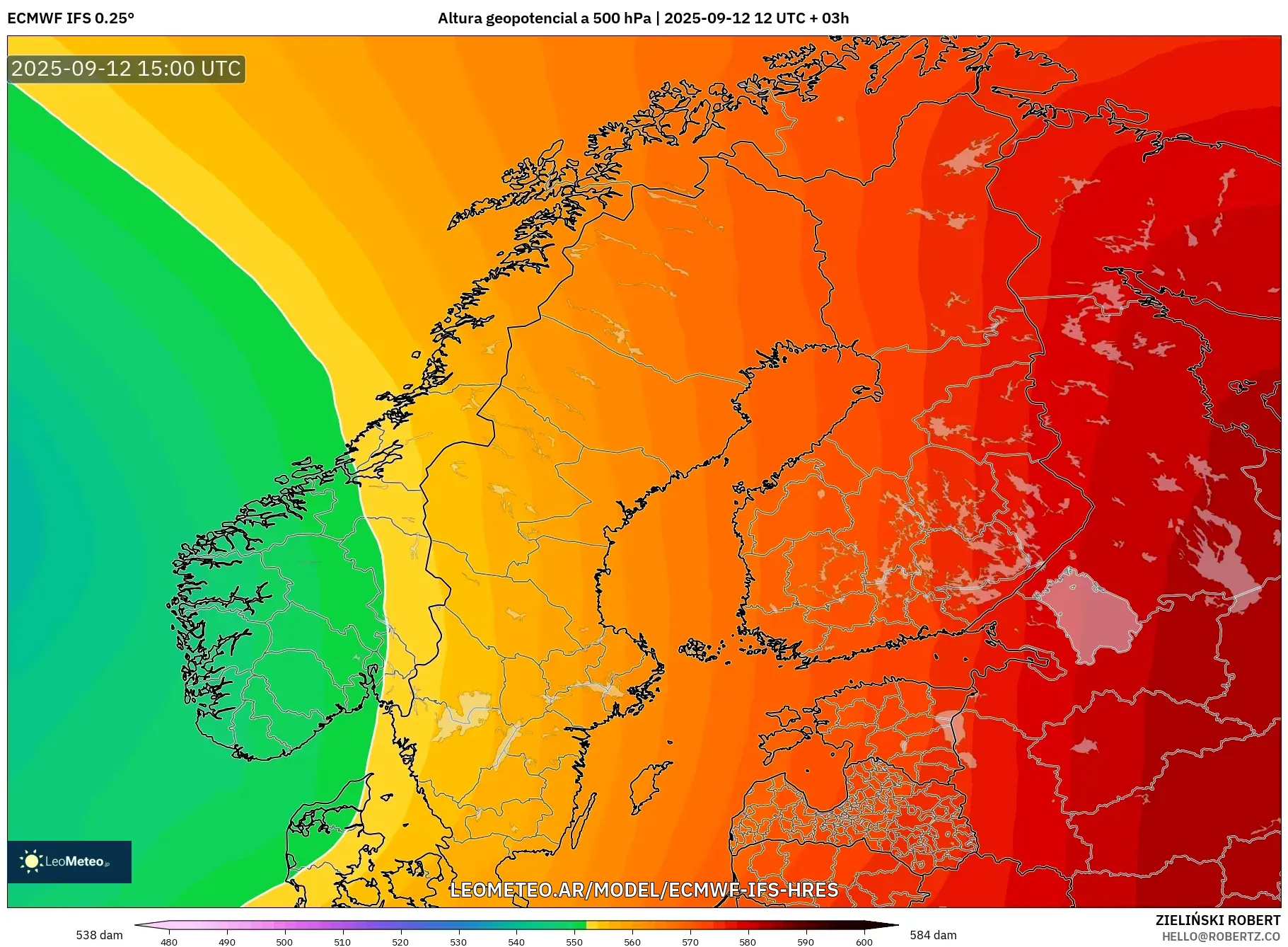 ECMWF IFS 0.25° model - Escandinavia, Altura geopotencial a 500 hPa ECMWF IFS 0.25° model - Escandinavia, Altura geopotencial a 500 hPa