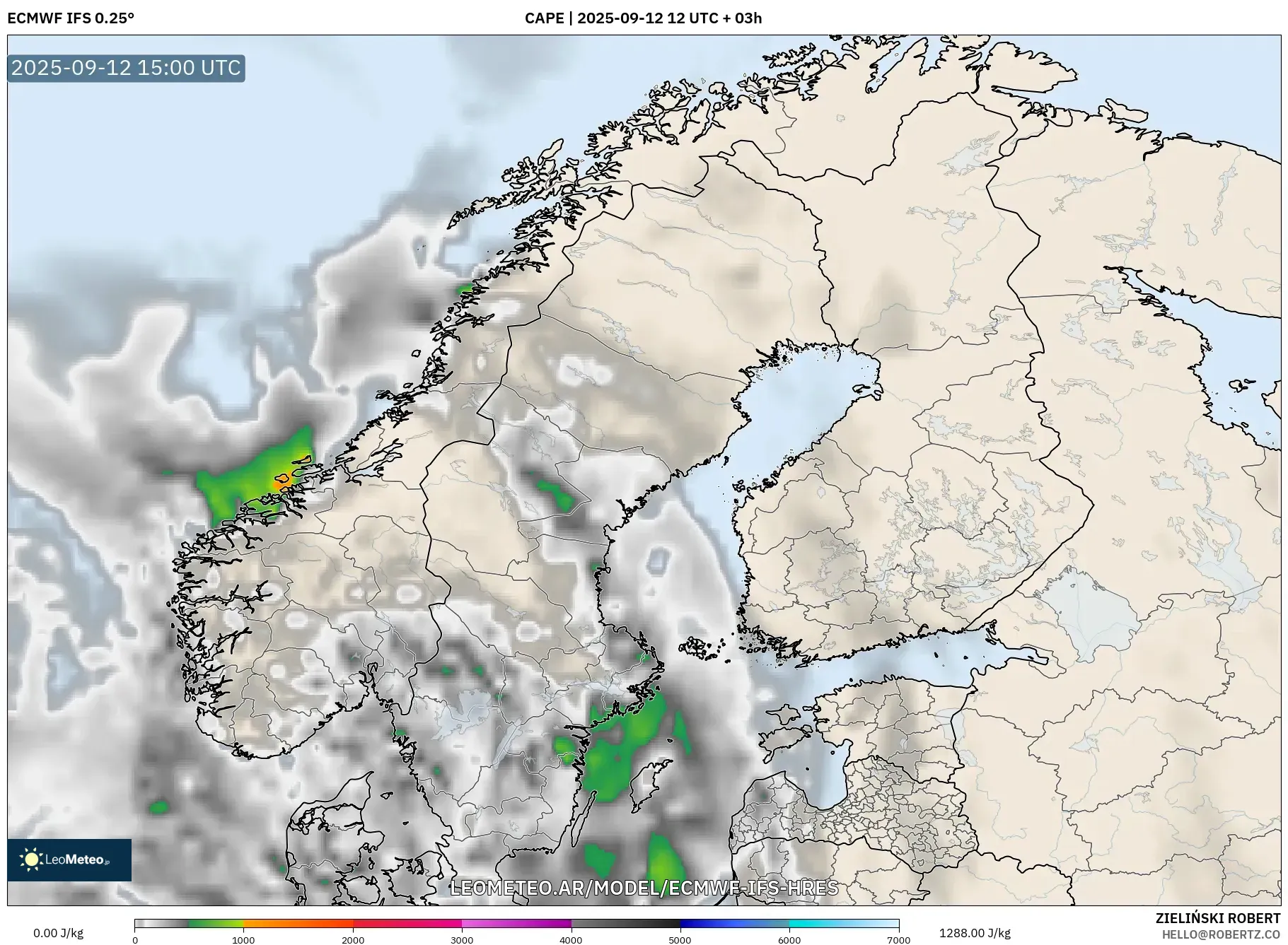ECMWF IFS 0.25° model - Escandinavia, CAPE