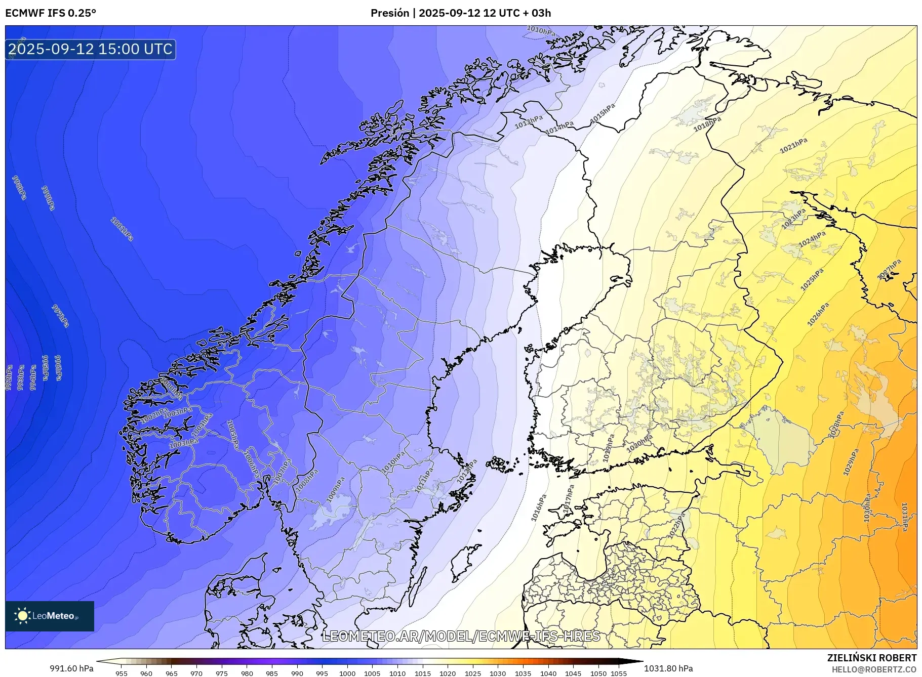 ECMWF IFS 0.25° model - Escandinavia, Presión