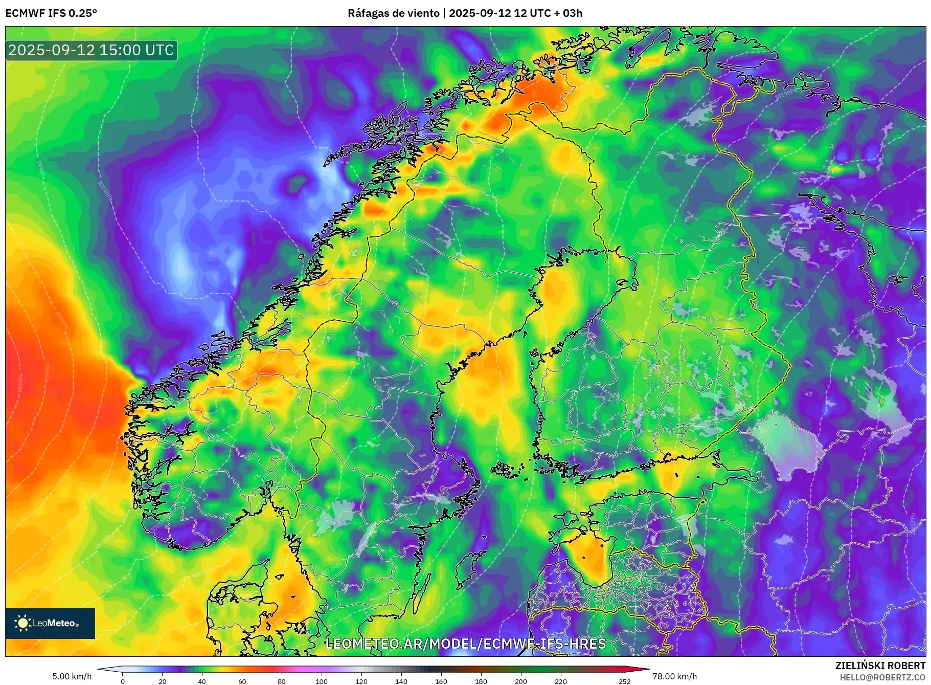 ECMWF IFS 0.25° model - Escandinavia, Ráfagas de viento
