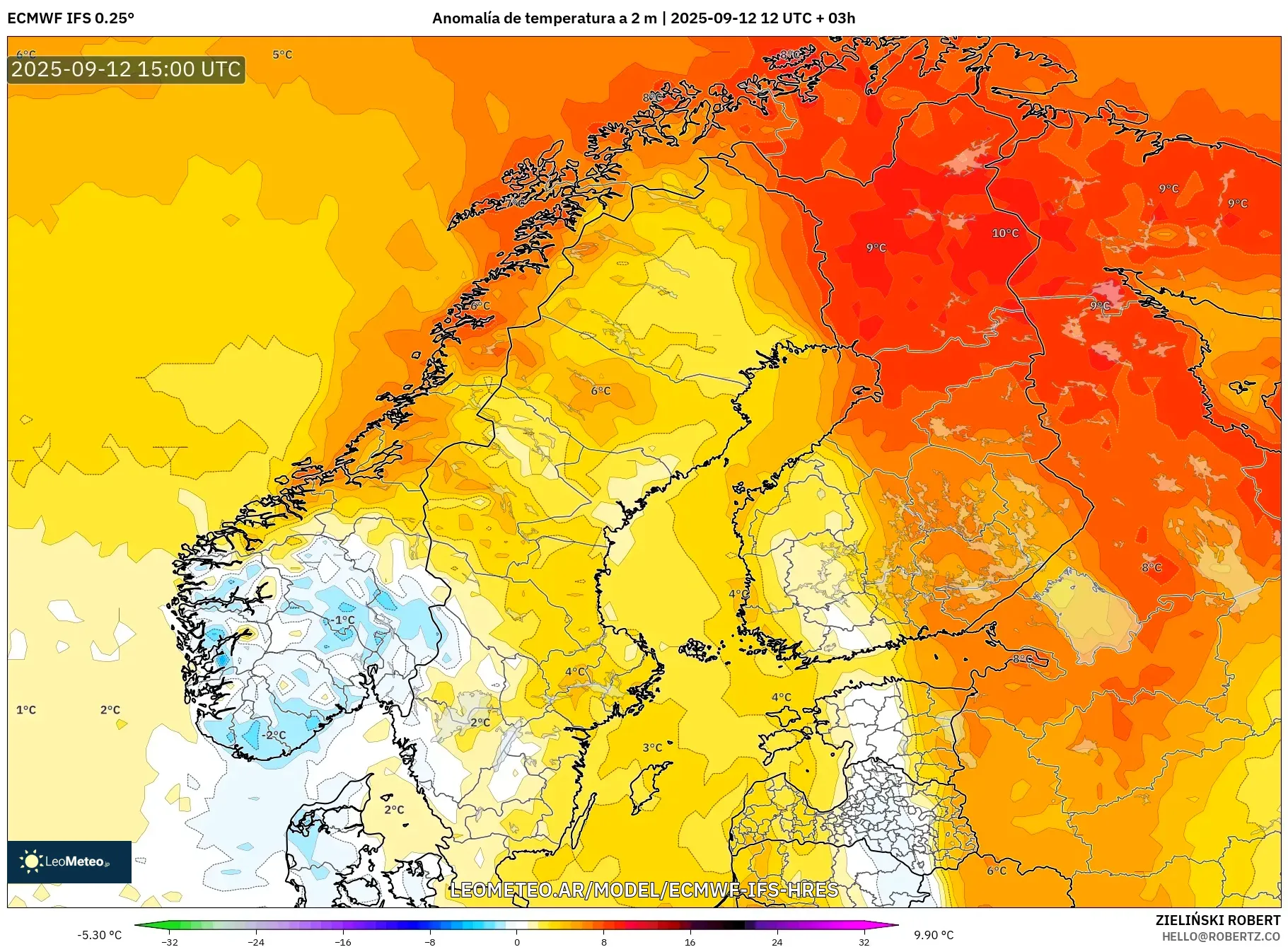 ECMWF IFS 0.25° model - Escandinavia, Anomalía de temperatura a 2 m