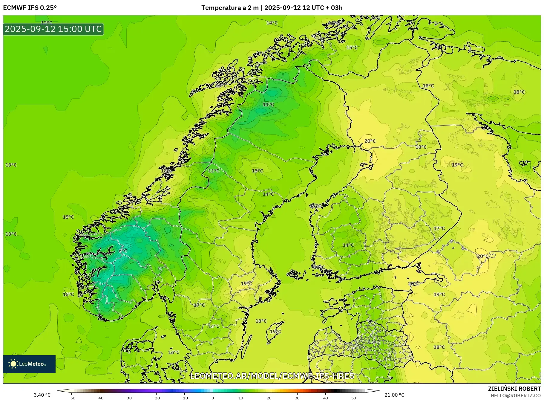 ECMWF IFS 0.25° model - Escandinavia, Temperatura a 2 m ECMWF IFS 0.25° model - Escandinavia, Temperatura a 2 m