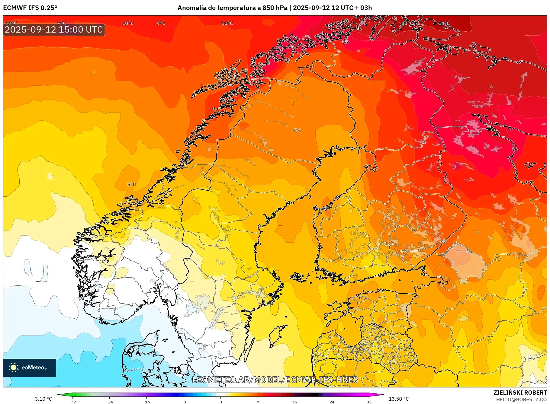 ECMWF IFS 0.25° model - Escandinavia, Anomalía de temperatura a 850 hPa ECMWF IFS 0.25° model - Escandinavia, Anomalía de temperatura a 850 hPa