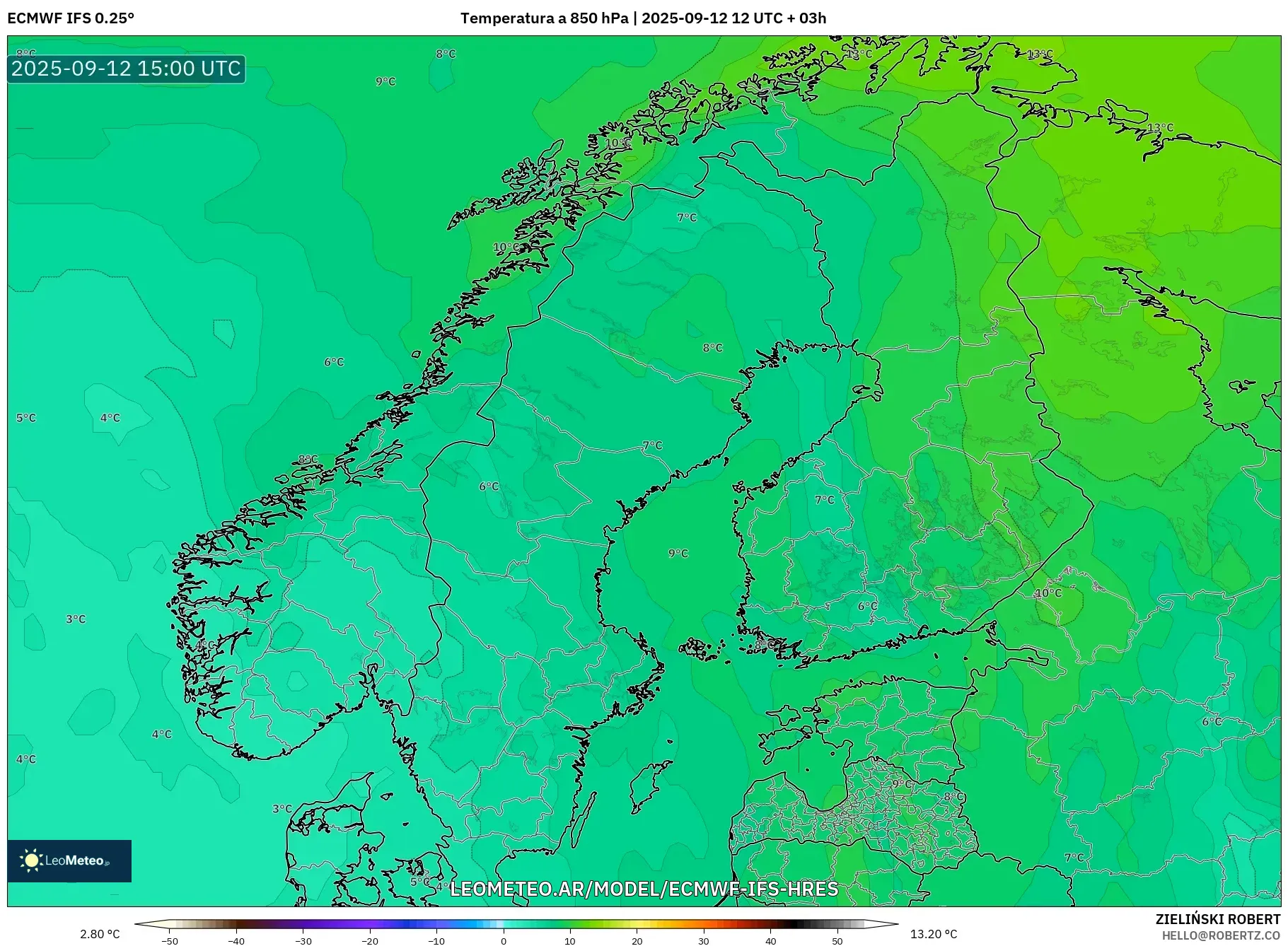 ECMWF IFS 0.25° model - Escandinavia, Temperatura a 850 hPa ECMWF IFS 0.25° model - Escandinavia, Temperatura a 850 hPa