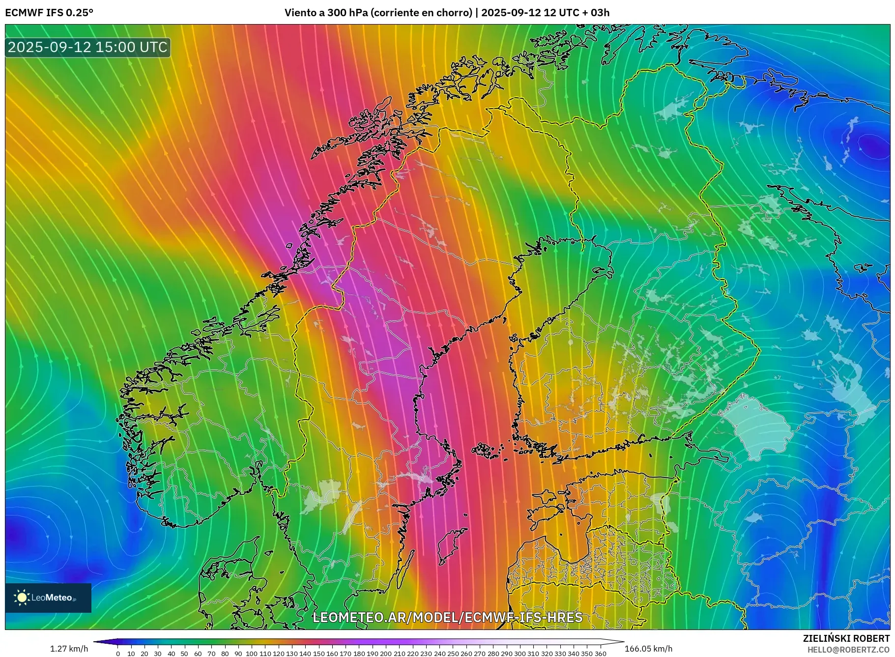 ECMWF IFS 0.25° model - Escandinavia, Viento a 300 hPa (corriente en chorro)