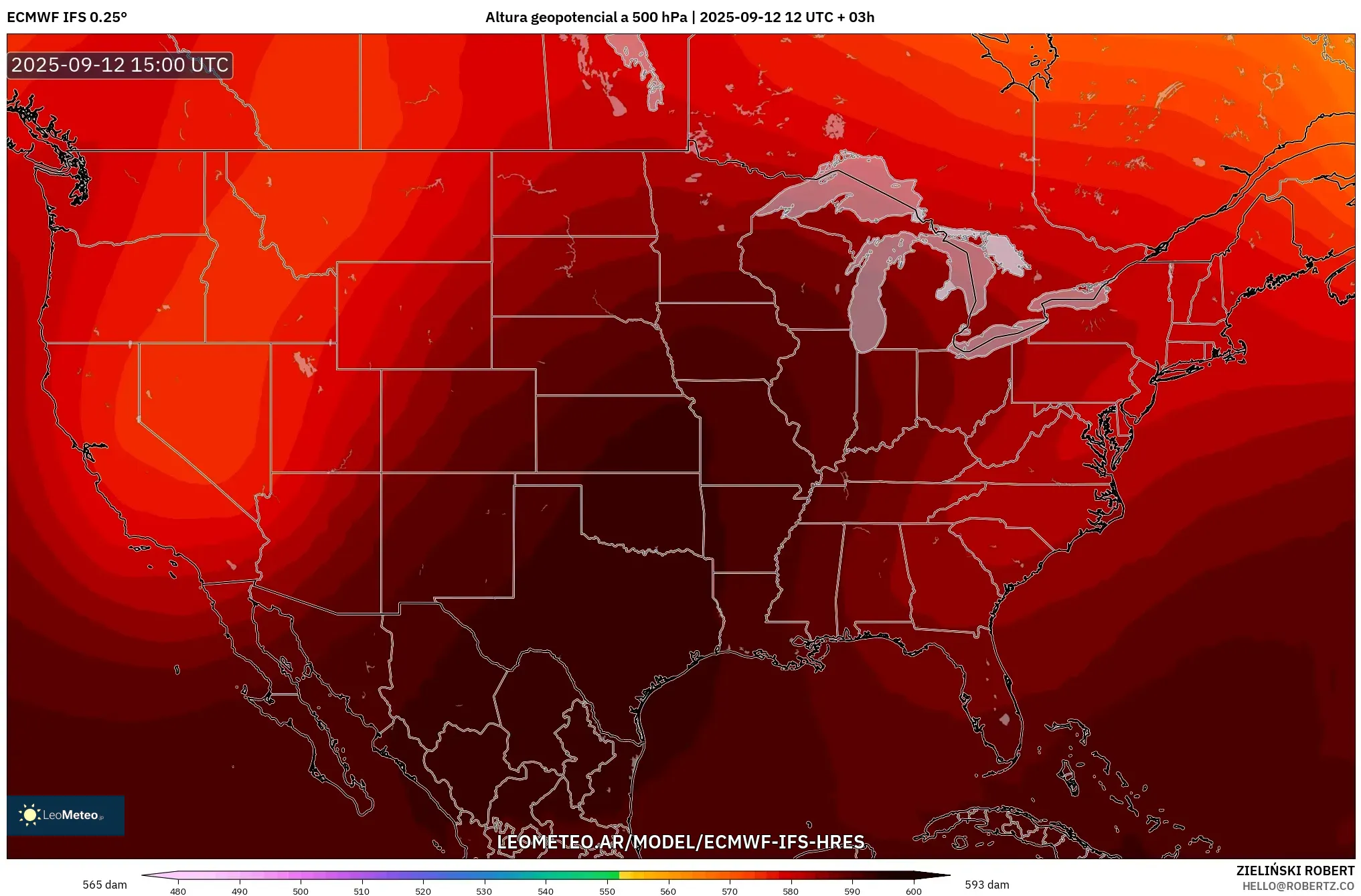ECMWF IFS 0.25° model - Estados Unidos, Altura geopotencial a 500 hPa ECMWF IFS 0.25° model - Estados Unidos, Altura geopotencial a 500 hPa
