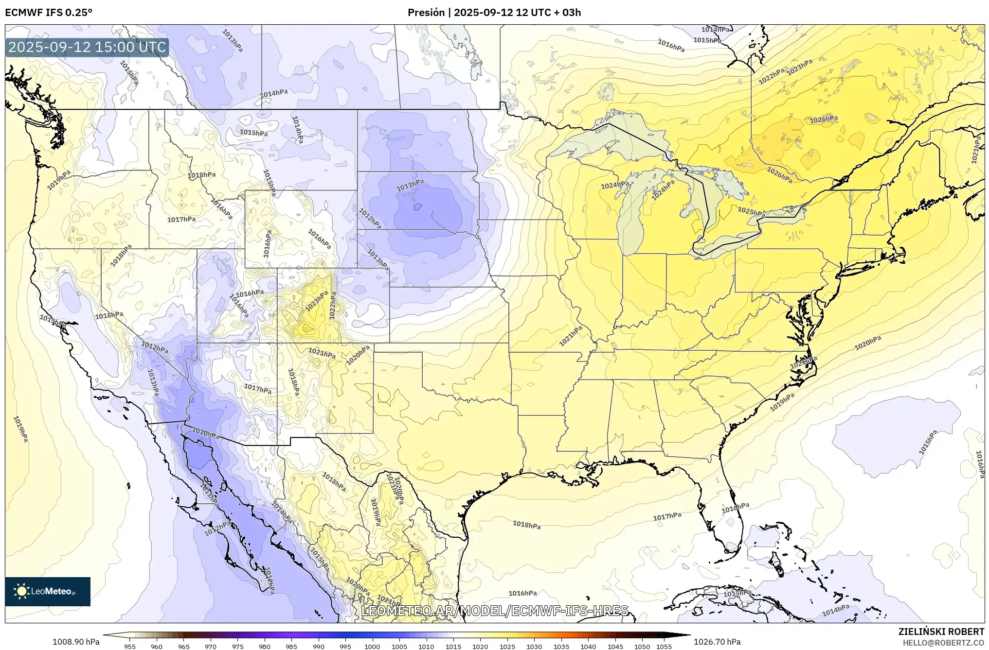 ECMWF IFS 0.25° model - Estados Unidos, Presión