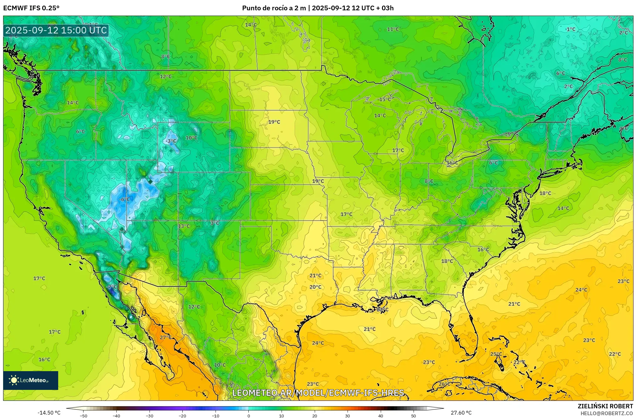 ECMWF IFS 0.25° model - Estados Unidos, Punto de rocío a 2 m ECMWF IFS 0.25° model - Estados Unidos, Punto de rocío a 2 m