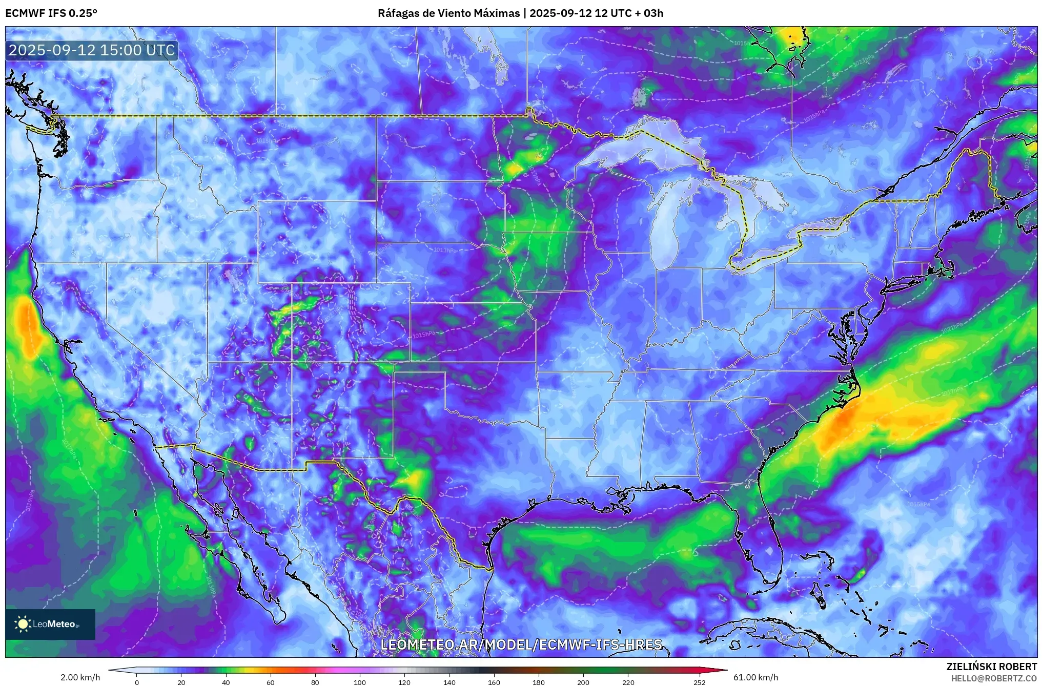 ECMWF IFS 0.25° model - Estados Unidos, Ráfagas de Viento Máximas ECMWF IFS 0.25° model - Estados Unidos, Ráfagas de Viento Máximas