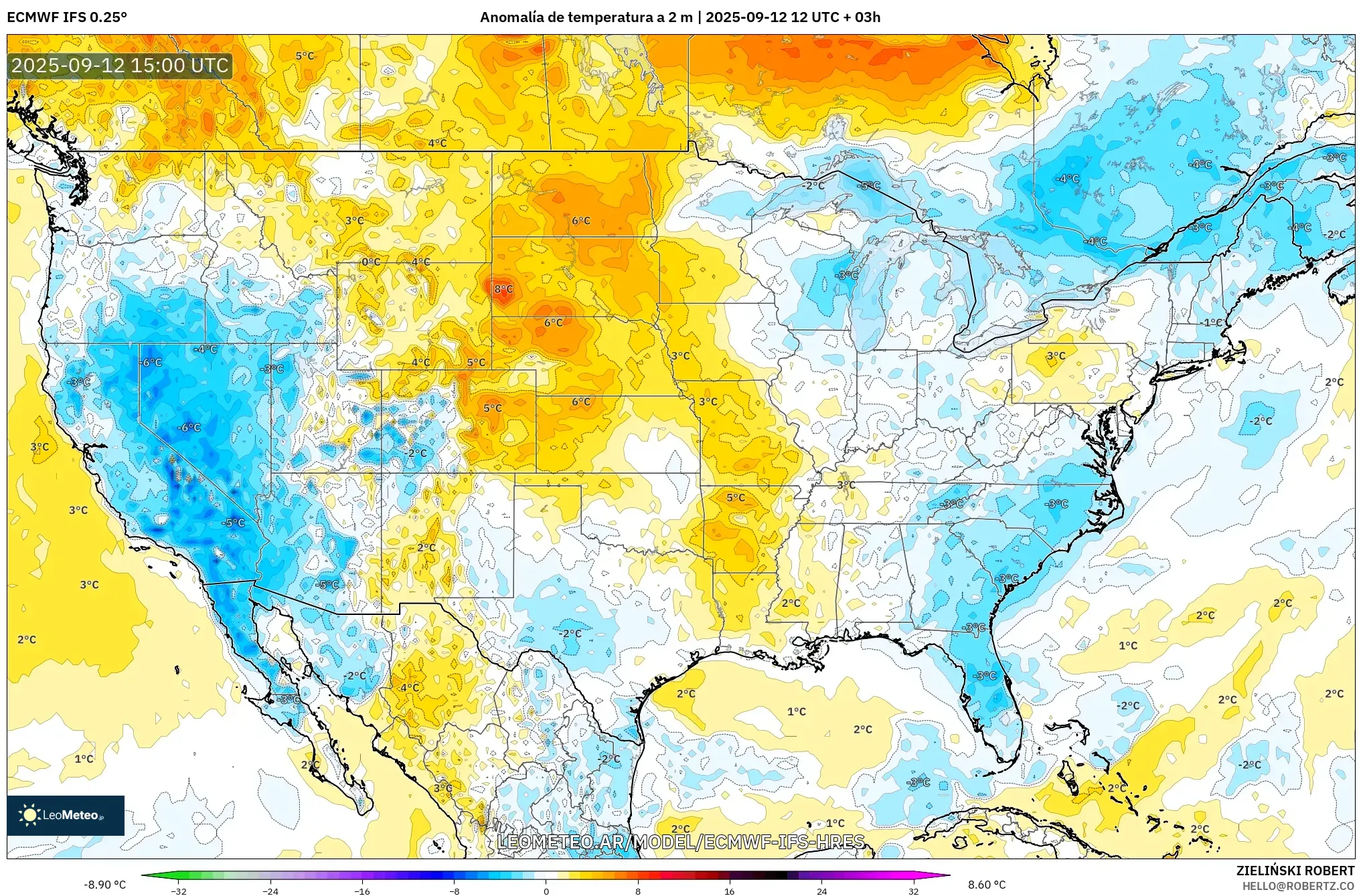 ECMWF IFS 0.25° model - Estados Unidos, Anomalía de temperatura a 2 m