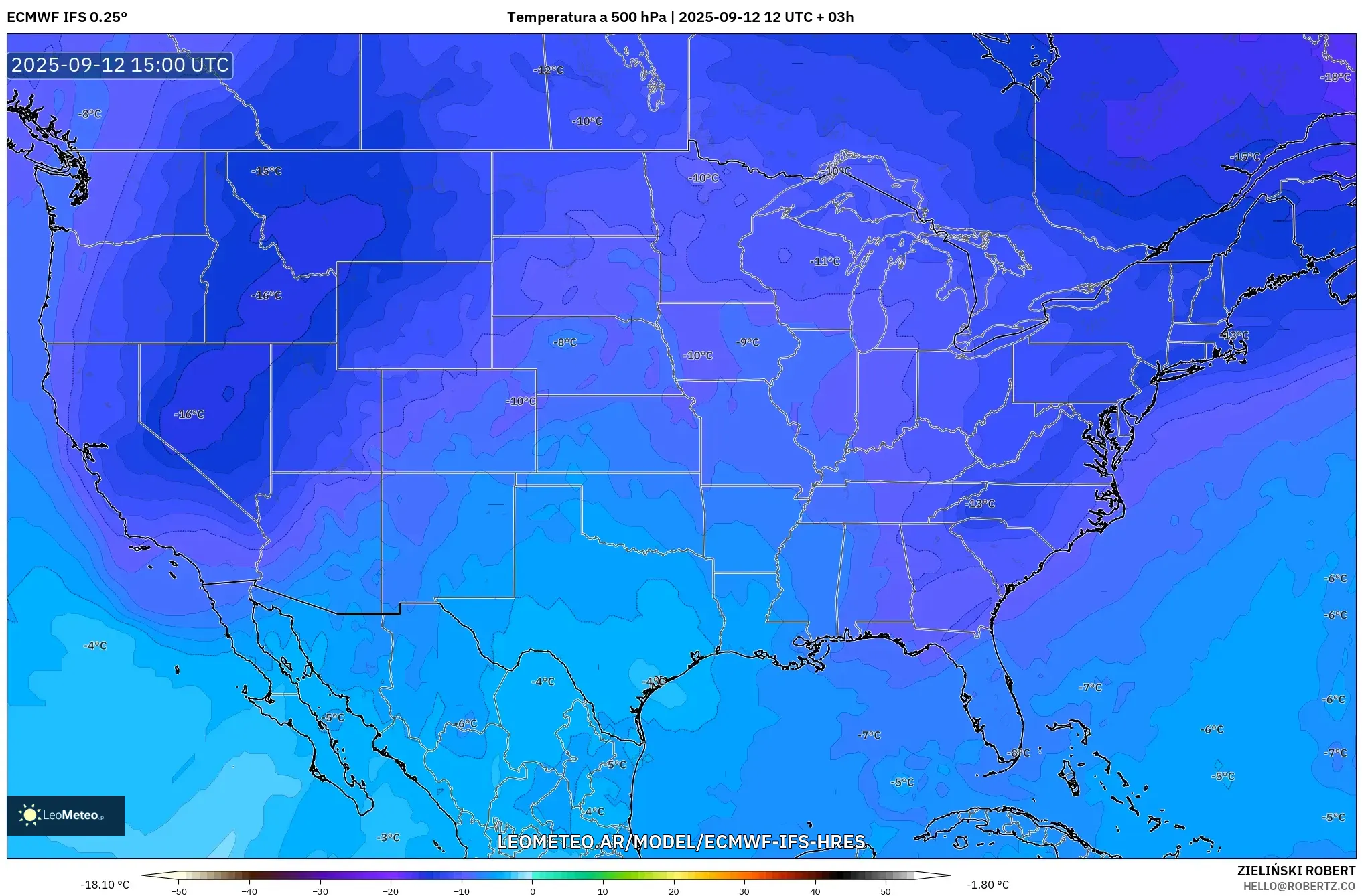 ECMWF IFS 0.25° model - Estados Unidos, Temperatura a 500 hPa ECMWF IFS 0.25° model - Estados Unidos, Temperatura a 500 hPa