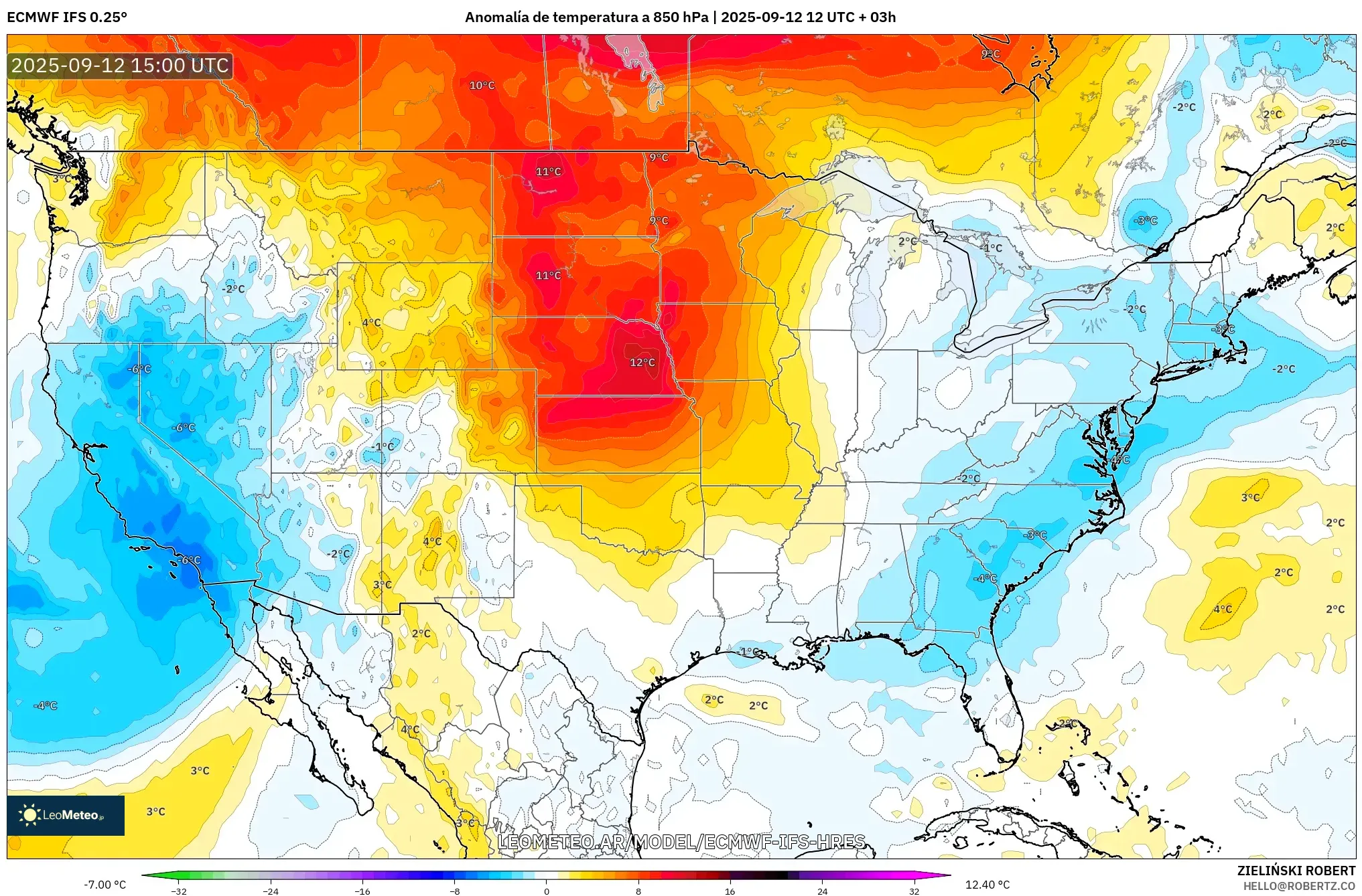 ECMWF IFS 0.25° model - Estados Unidos, Anomalía de temperatura a 850 hPa ECMWF IFS 0.25° model - Estados Unidos, Anomalía de temperatura a 850 hPa