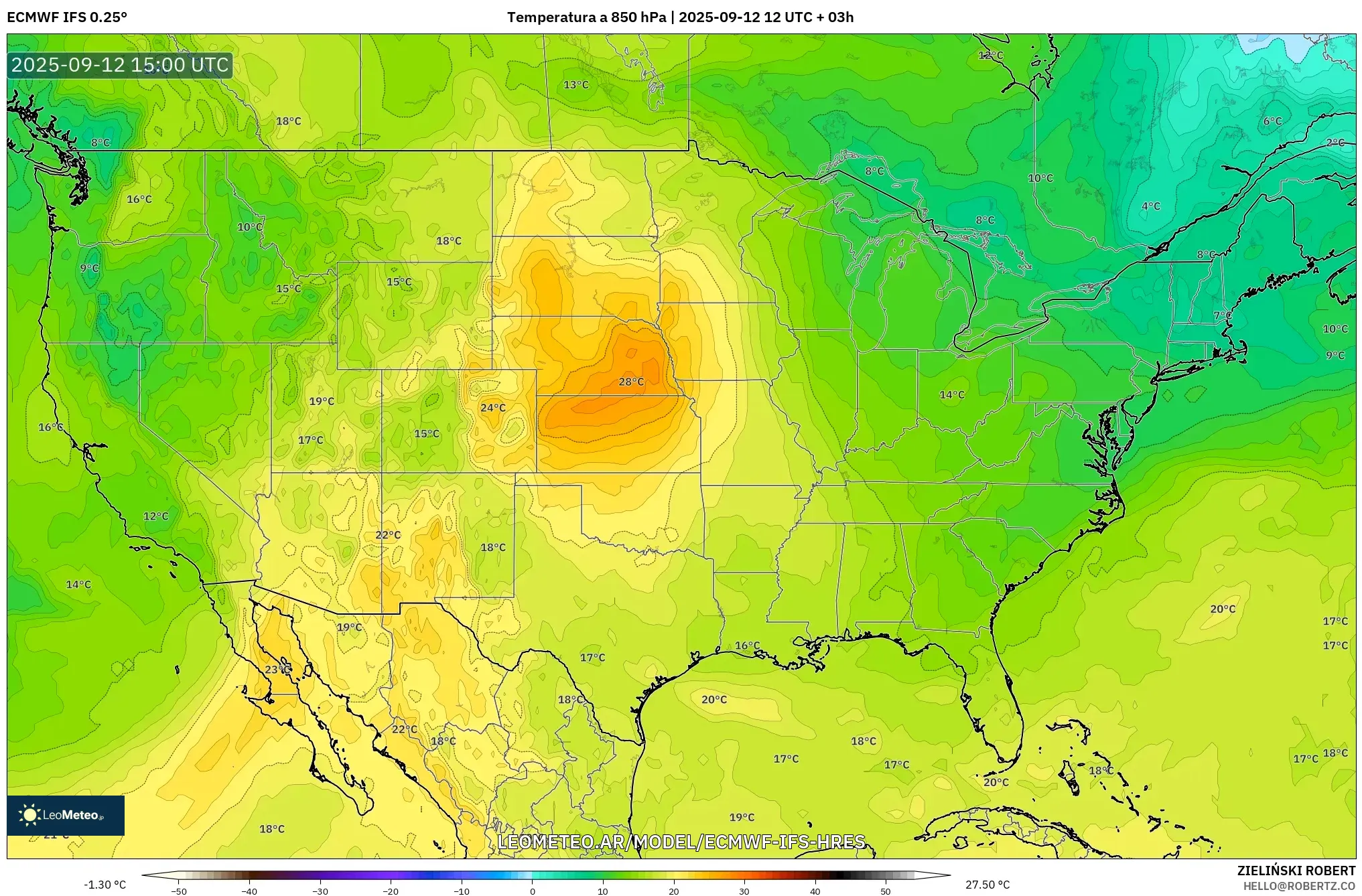 ECMWF IFS 0.25° model - Estados Unidos, Temperatura a 850 hPa ECMWF IFS 0.25° model - Estados Unidos, Temperatura a 850 hPa