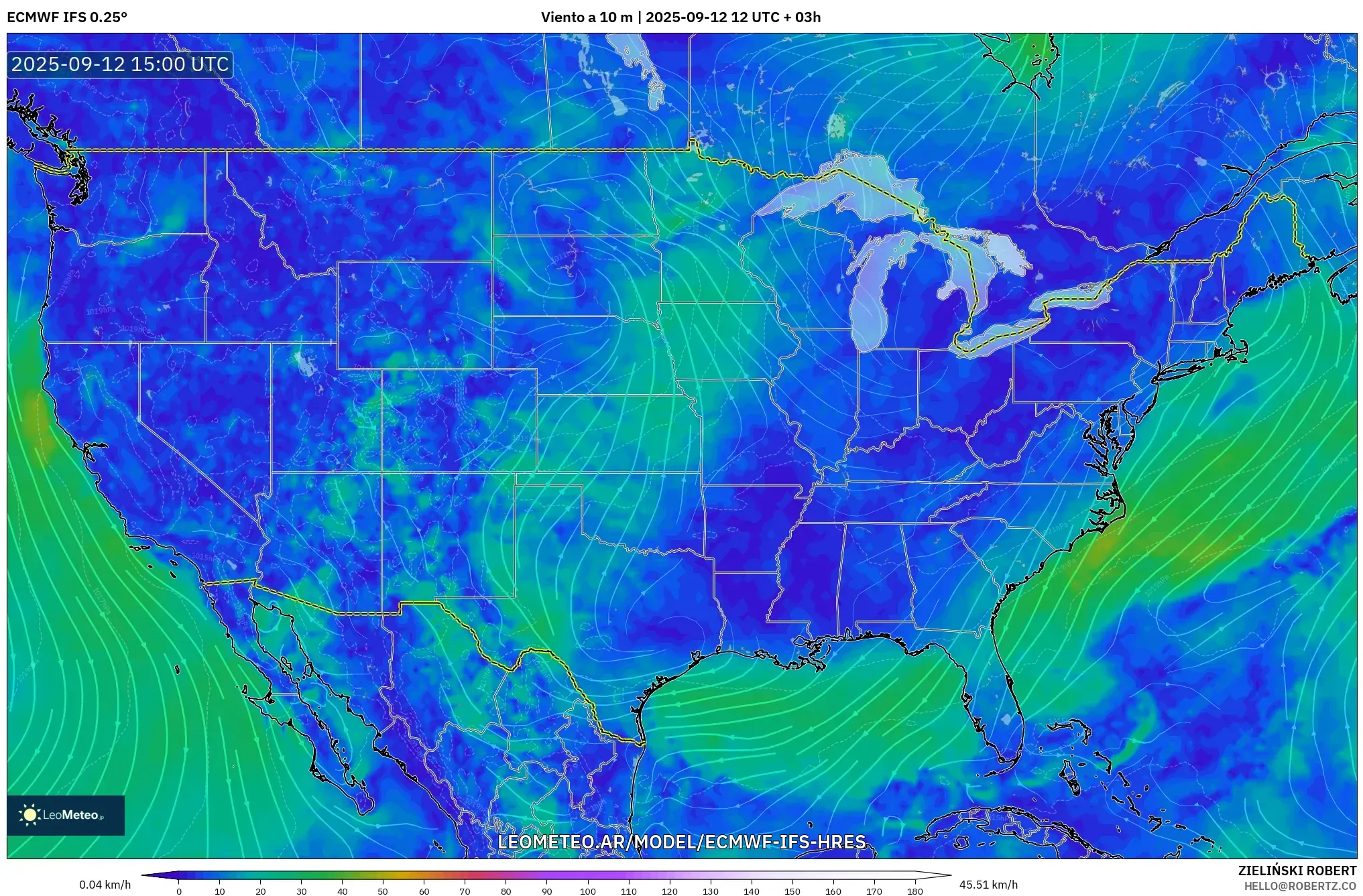 ECMWF IFS 0.25° model - Estados Unidos, Viento a 10 m