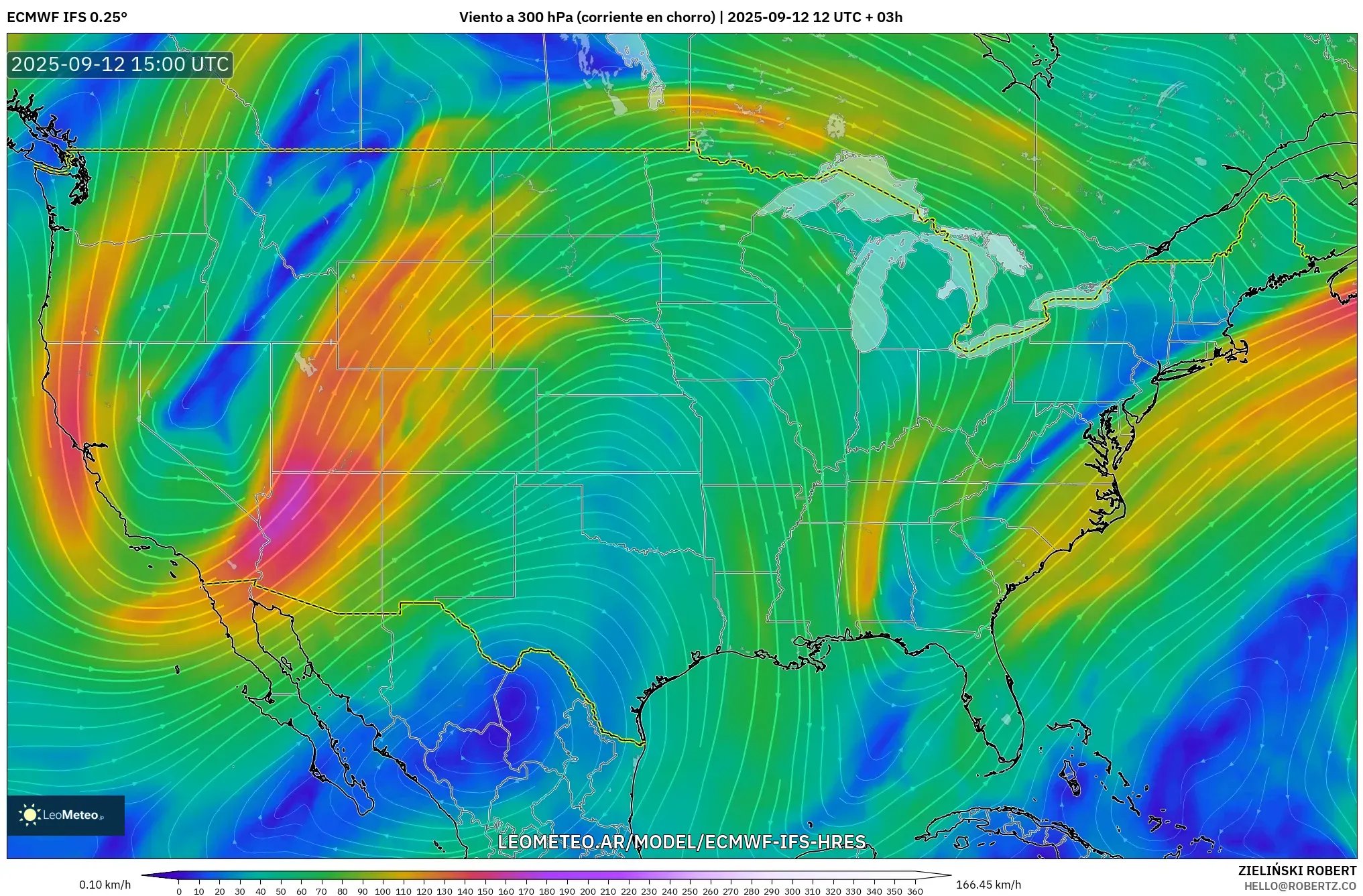 ECMWF IFS 0.25° model - Estados Unidos, Viento a 300 hPa (corriente en chorro) ECMWF IFS 0.25° model - Estados Unidos, Viento a 300 hPa (corriente en chorro)