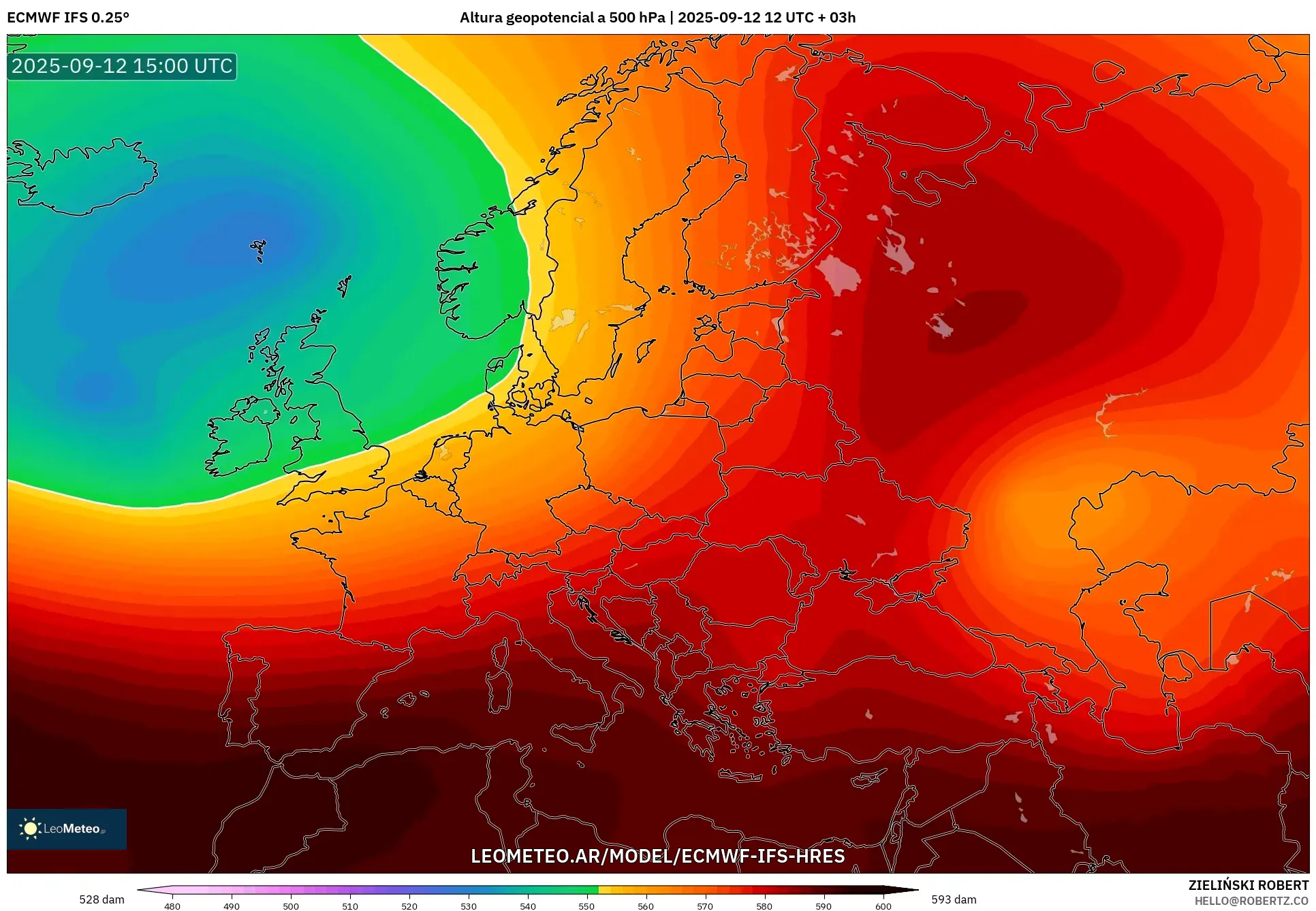 ECMWF IFS 0.25° model - Europa, Altura geopotencial a 500 hPa