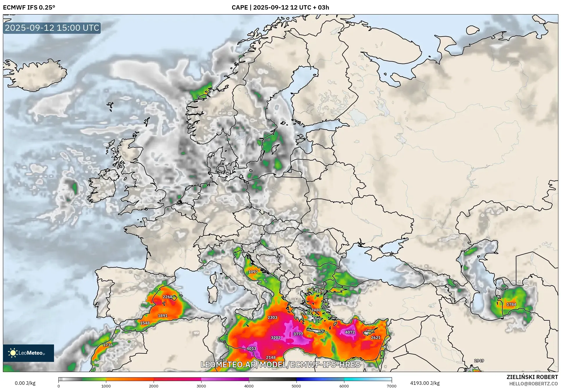 ECMWF IFS 0.25° model - Europa, CAPE