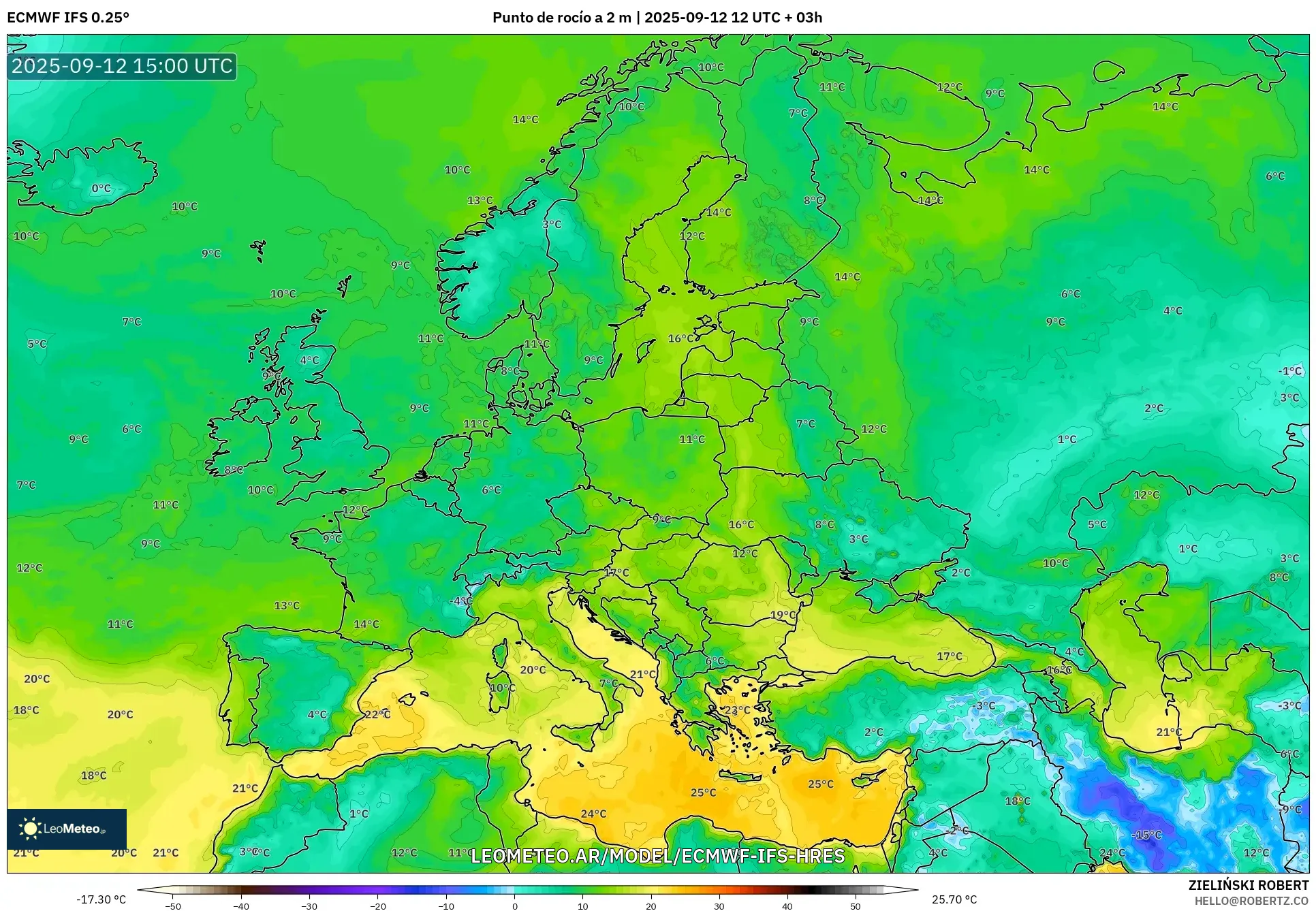ECMWF IFS 0.25° model - Europa, Punto de rocío a 2 m