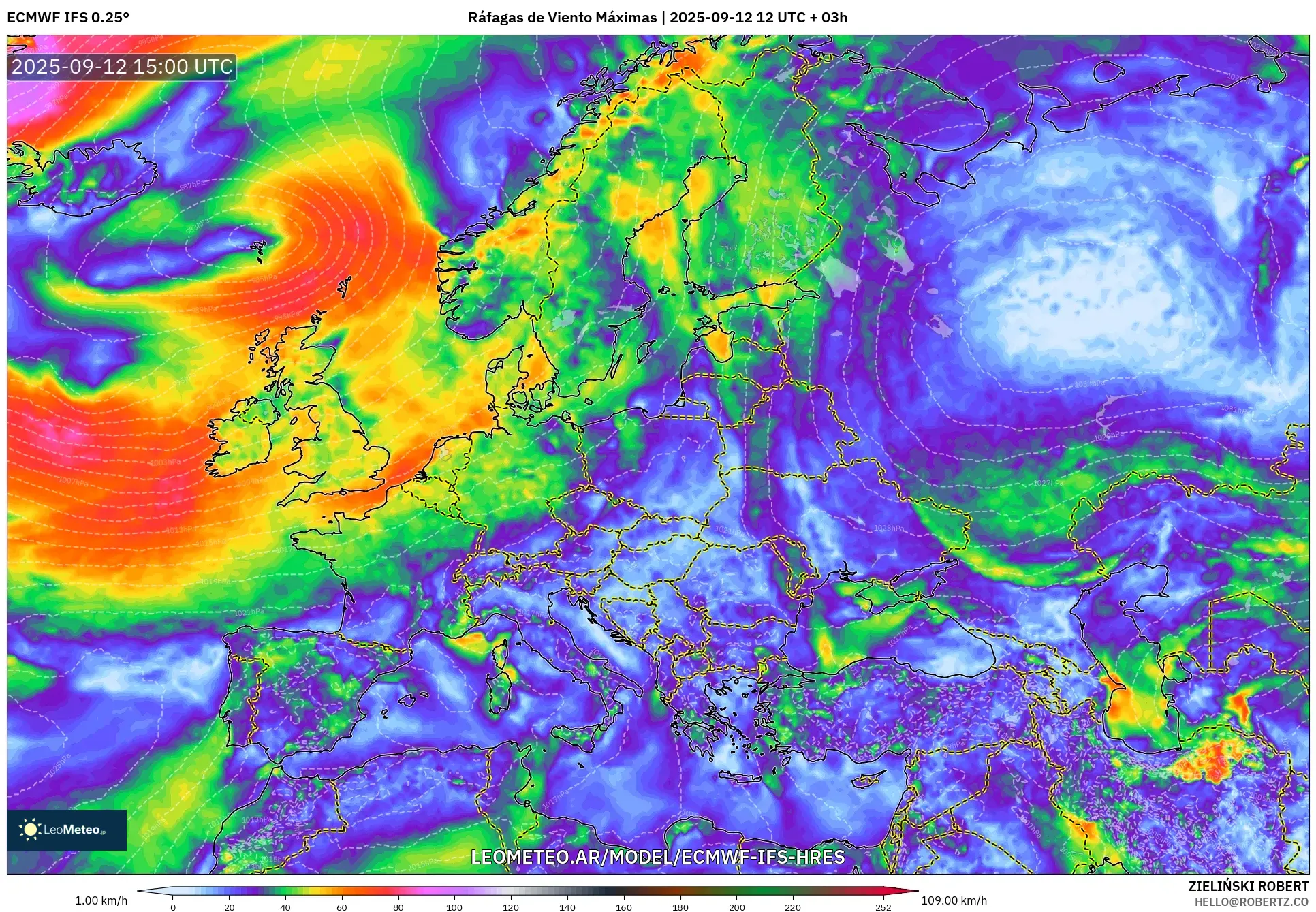 ECMWF IFS 0.25° model - Europa, Ráfagas de Viento Máximas ECMWF IFS 0.25° model - Europa, Ráfagas de Viento Máximas