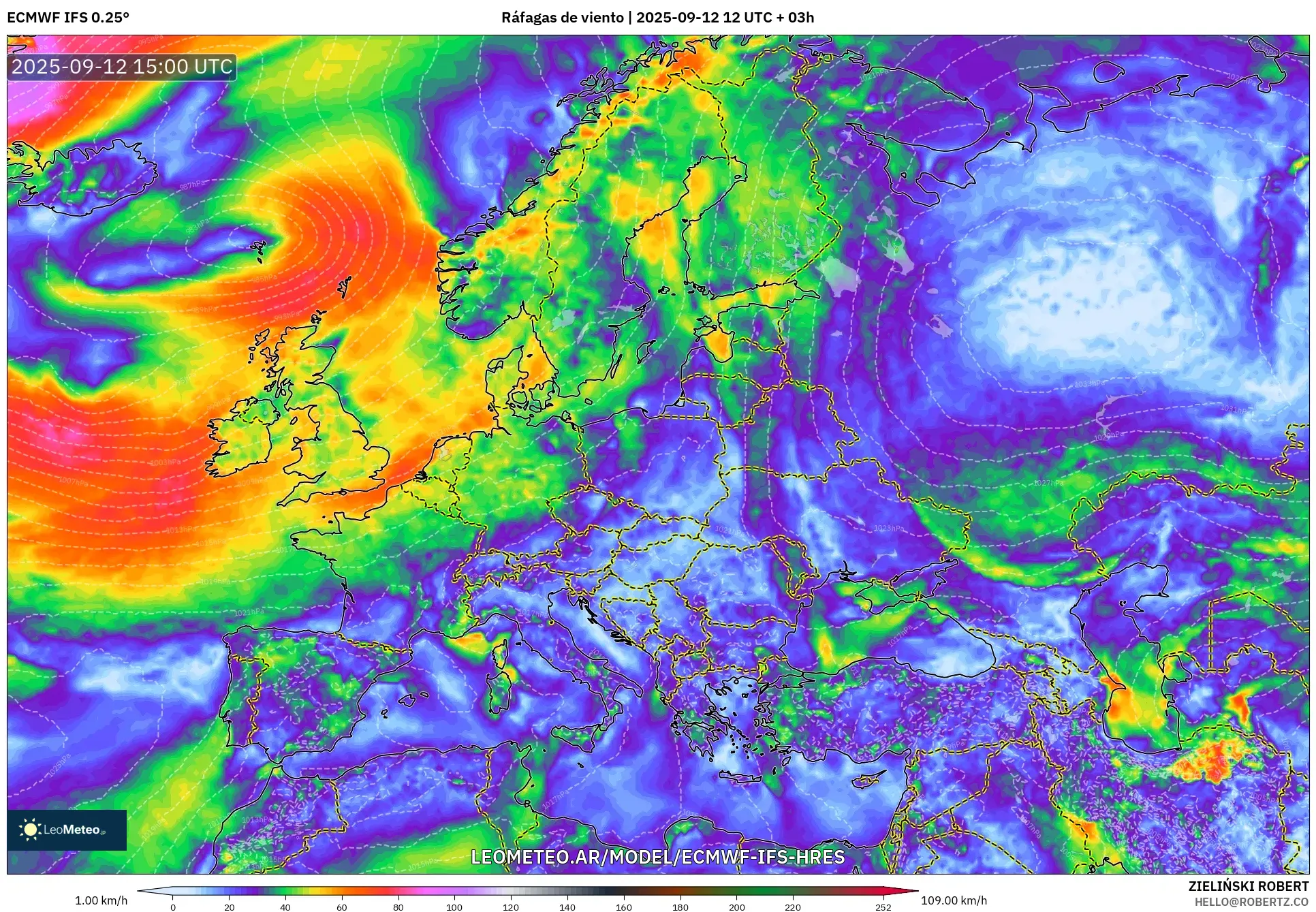 ECMWF IFS 0.25° model - Europa, Ráfagas de viento