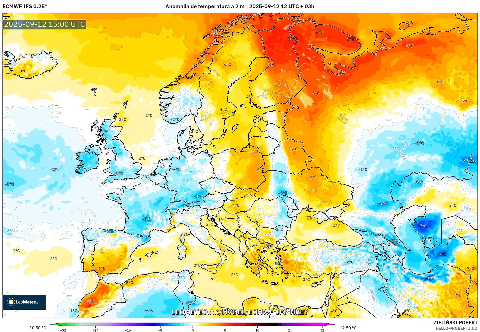 ECMWF IFS 0.25° model - Europa, Anomalía de temperatura a 2 m