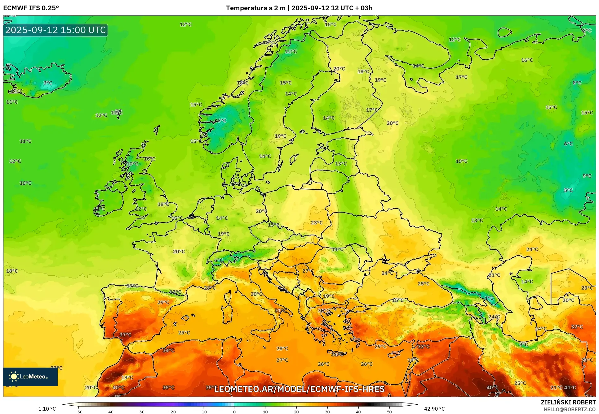 ECMWF IFS 0.25° model - Europa, Temperatura a 2 m ECMWF IFS 0.25° model - Europa, Temperatura a 2 m