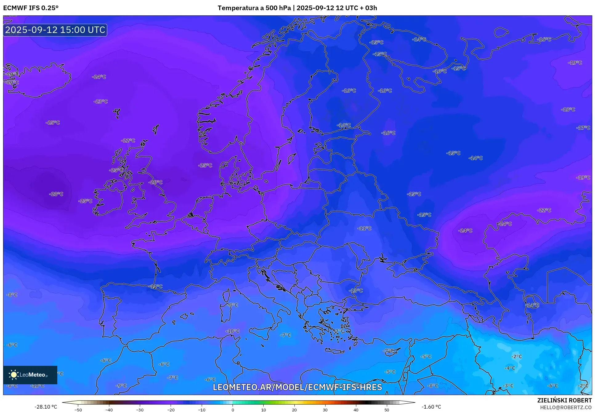 ECMWF IFS 0.25° model - Europa, Temperatura a 500 hPa