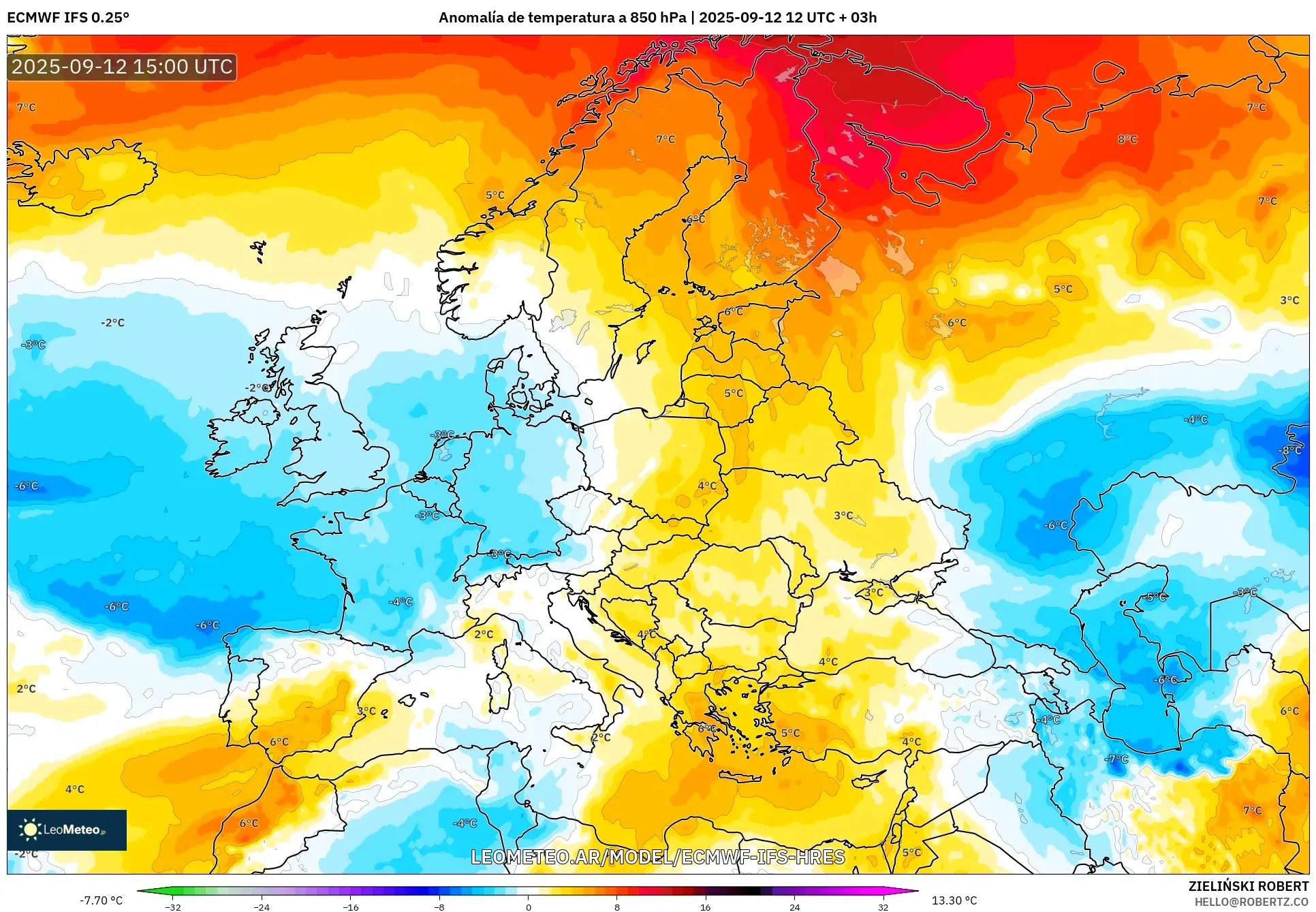 ECMWF IFS 0.25° model - Europa, Anomalía de temperatura a 850 hPa