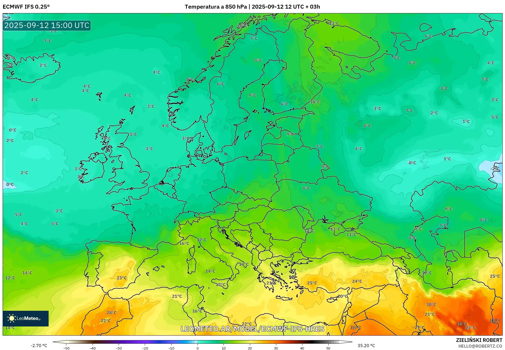 ECMWF IFS 0.25° model - Europa, Temperatura a 850 hPa