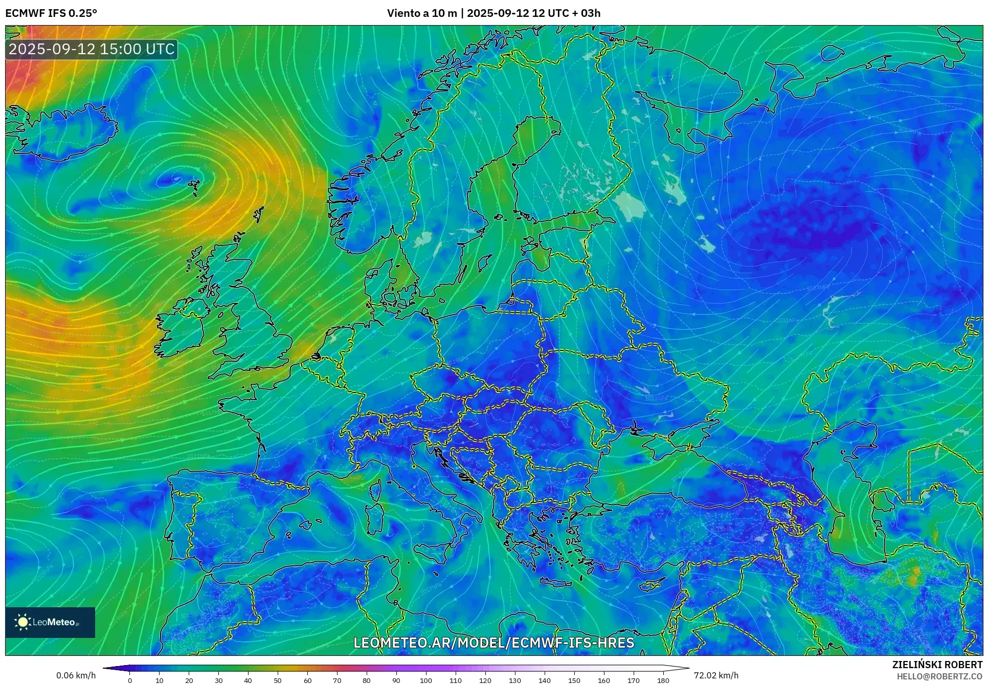 ECMWF IFS 0.25° model - Europa, Viento a 10 m