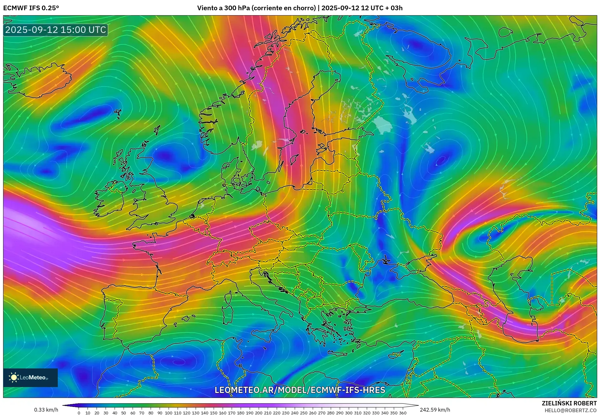 ECMWF IFS 0.25° model - Europa, Viento a 300 hPa (corriente en chorro)