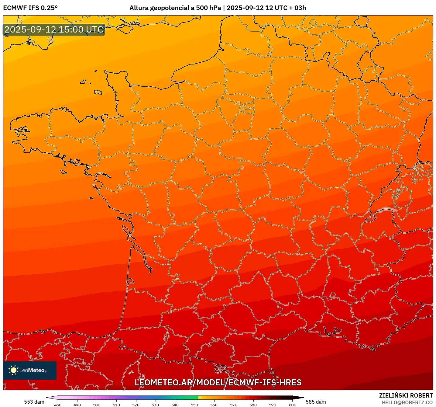 ECMWF IFS 0.25° model - Francia, Altura geopotencial a 500 hPa