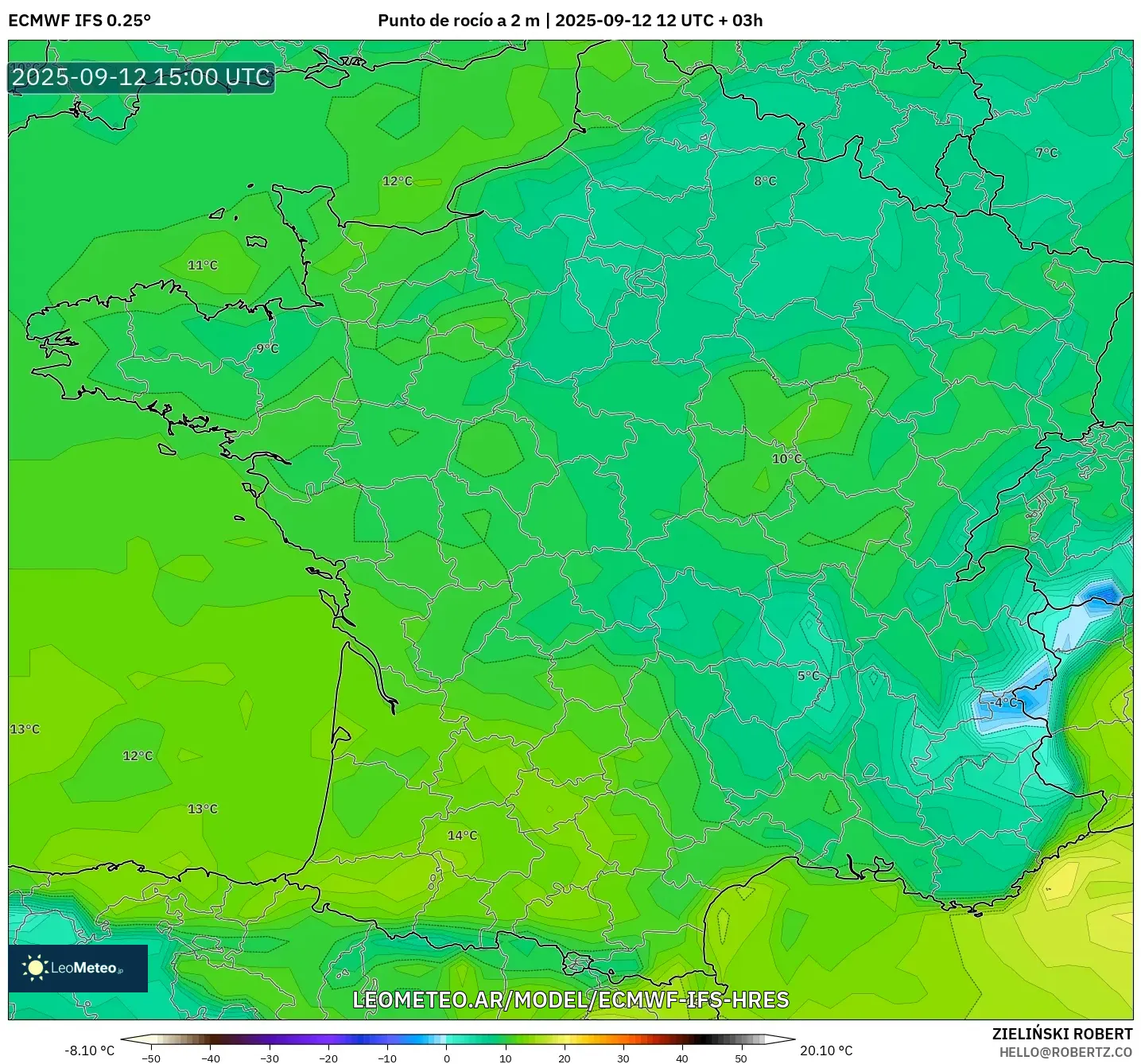 ECMWF IFS 0.25° model - Francia, Punto de rocío a 2 m ECMWF IFS 0.25° model - Francia, Punto de rocío a 2 m