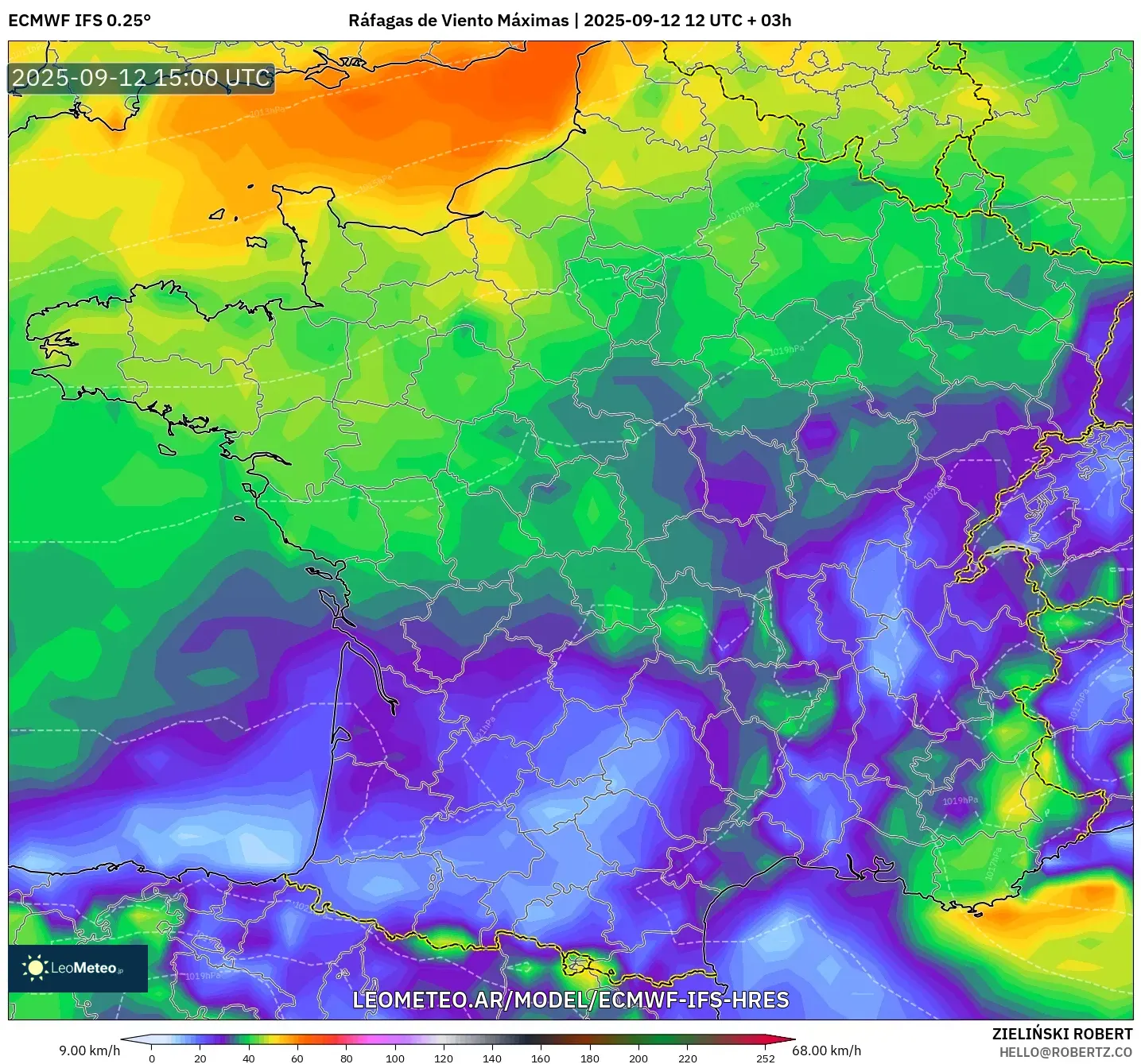 ECMWF IFS 0.25° model - Francia, Ráfagas de Viento Máximas ECMWF IFS 0.25° model - Francia, Ráfagas de Viento Máximas