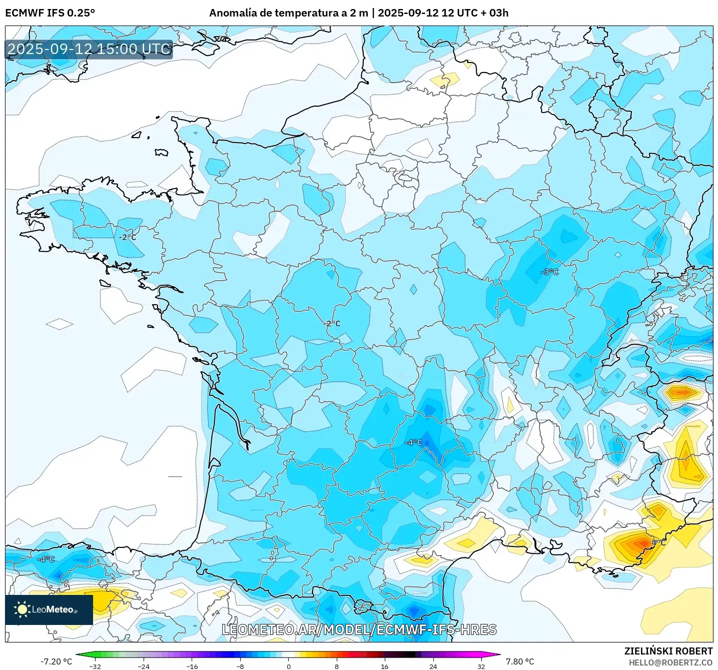ECMWF IFS 0.25° model - Francia, Anomalía de temperatura a 2 m
