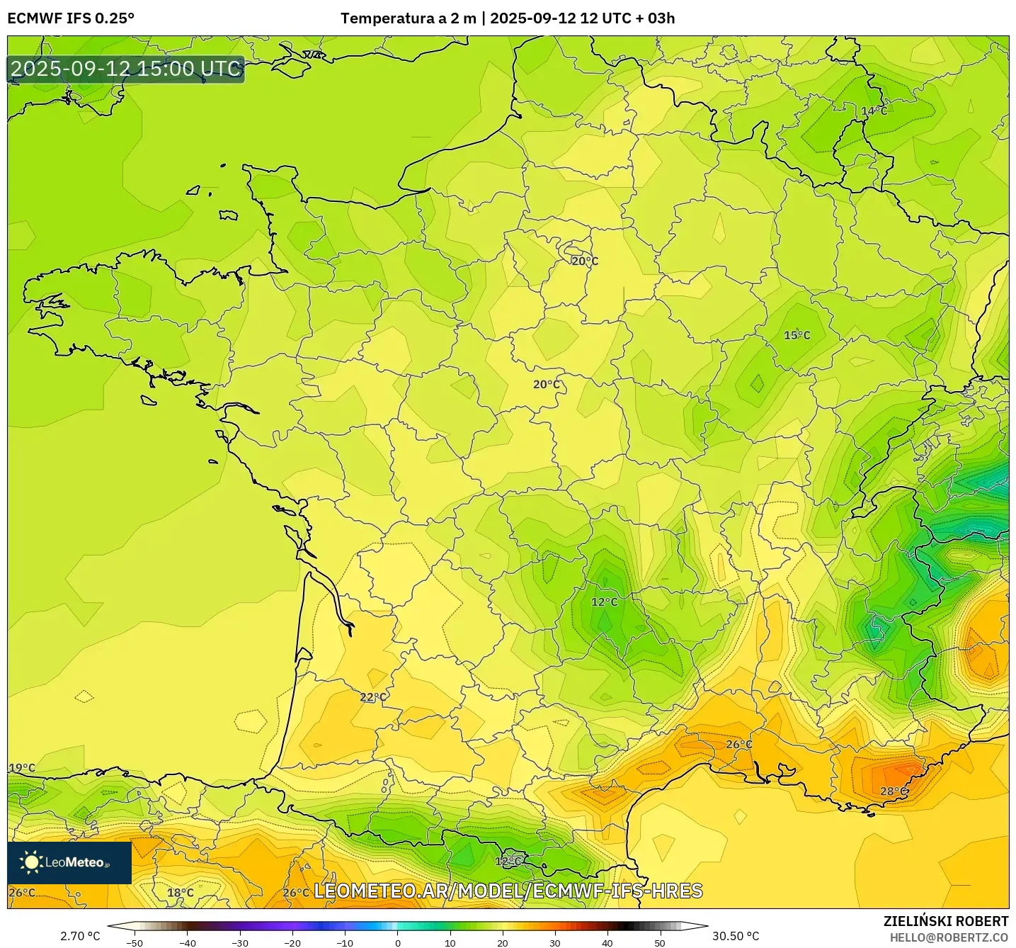 ECMWF IFS 0.25° model - Francia, Temperatura a 2 m ECMWF IFS 0.25° model - Francia, Temperatura a 2 m