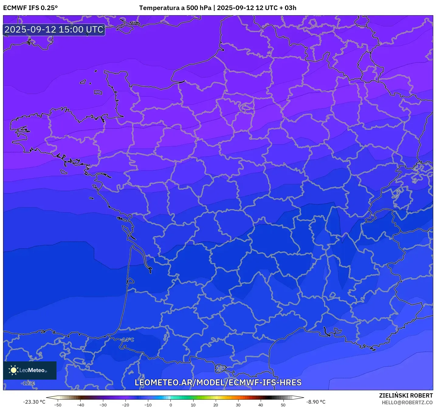 ECMWF IFS 0.25° model - Francia, Temperatura a 500 hPa ECMWF IFS 0.25° model - Francia, Temperatura a 500 hPa