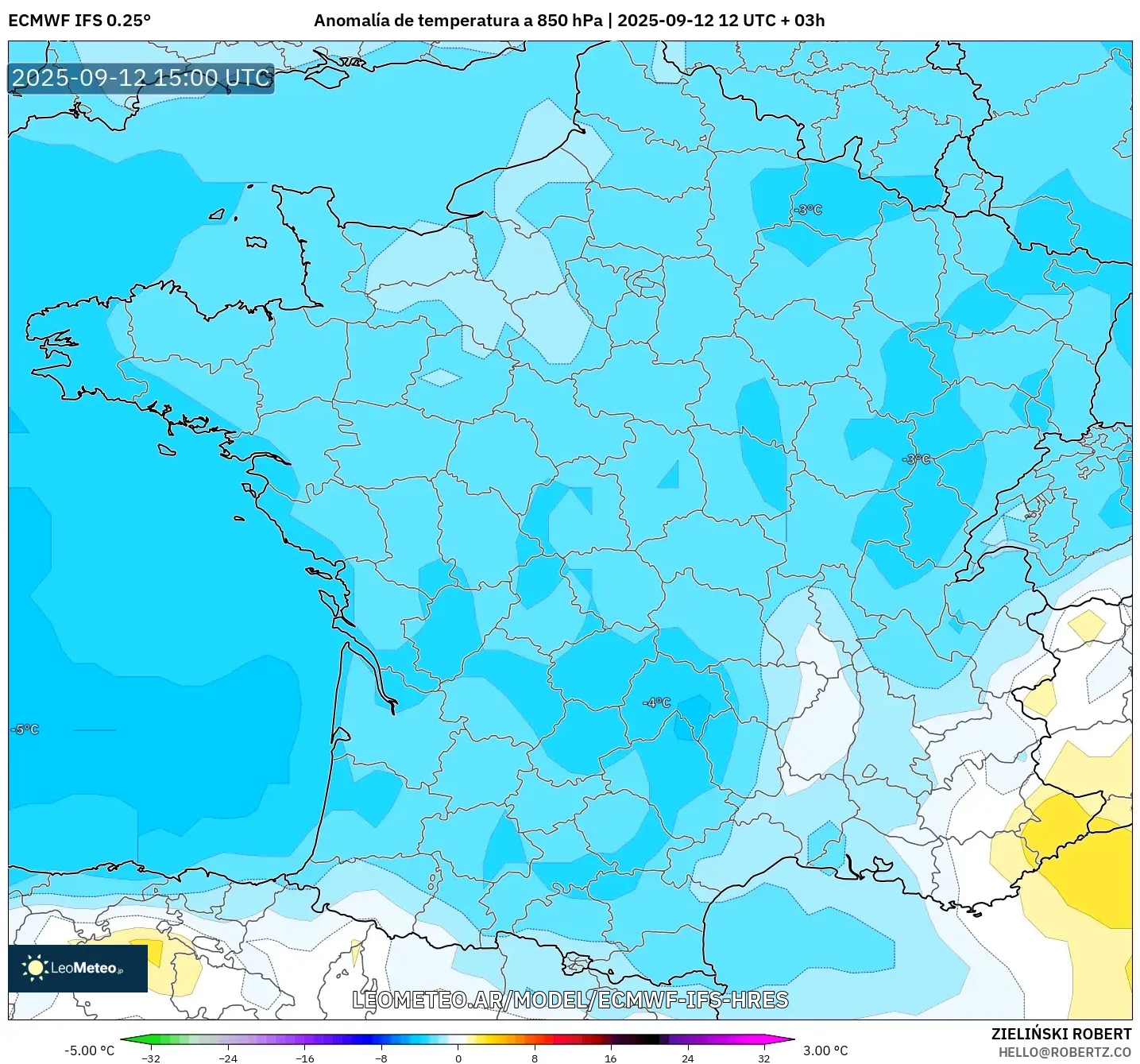 ECMWF IFS 0.25° model - Francia, Anomalía de temperatura a 850 hPa