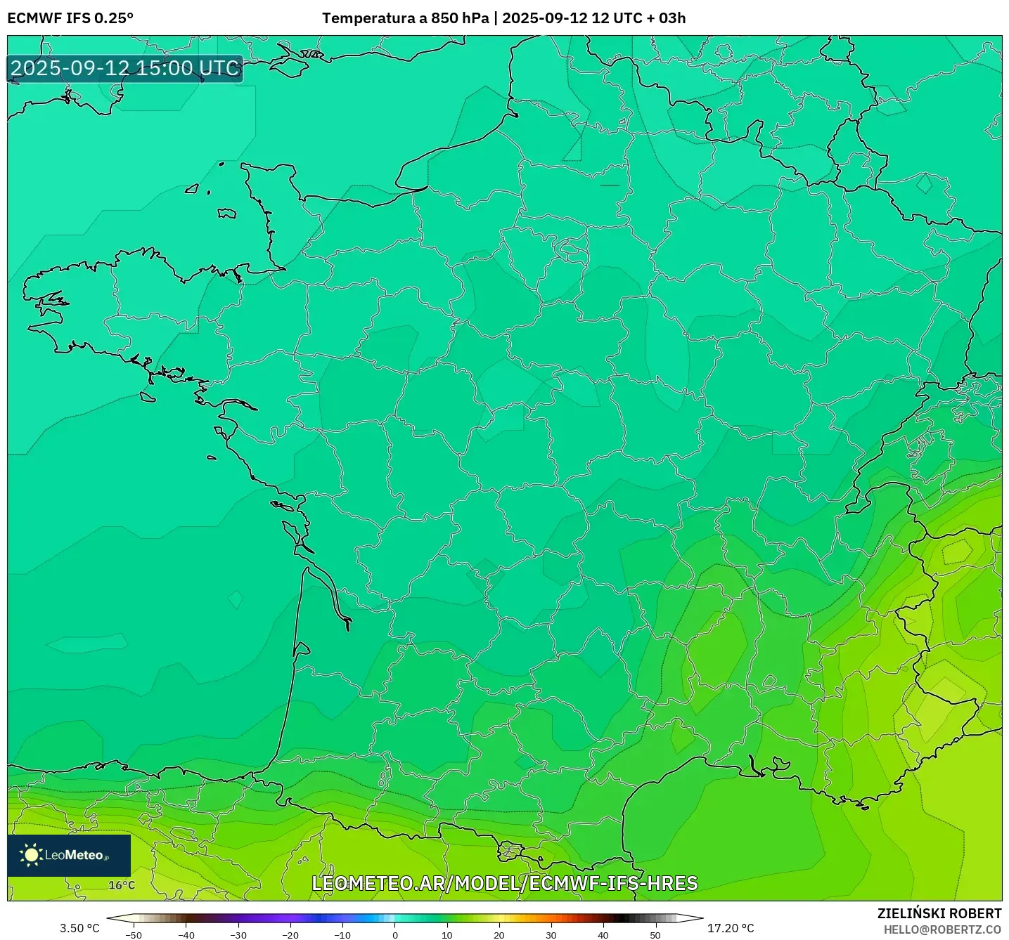 ECMWF IFS 0.25° model - Francia, Temperatura a 850 hPa