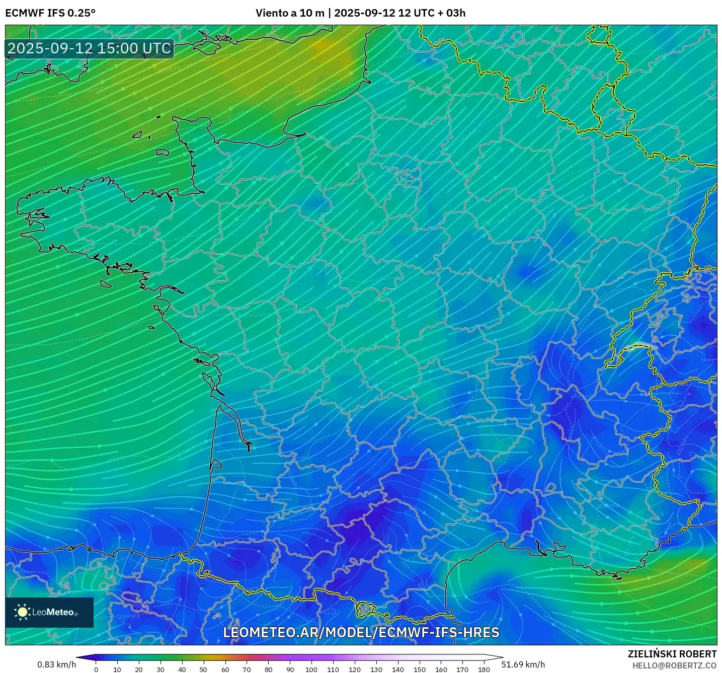 ECMWF IFS 0.25° model - Francia, Viento a 10 m