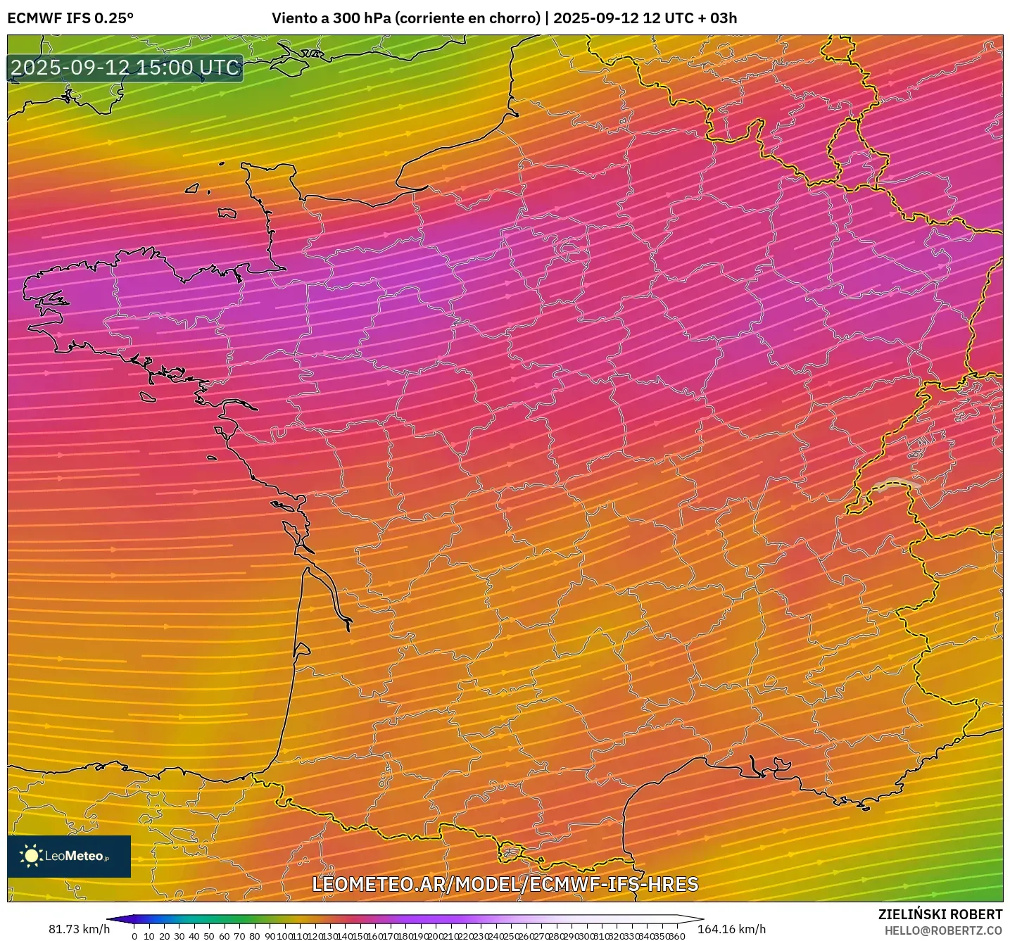 ECMWF IFS 0.25° model - Francia, Viento a 300 hPa (corriente en chorro) ECMWF IFS 0.25° model - Francia, Viento a 300 hPa (corriente en chorro)