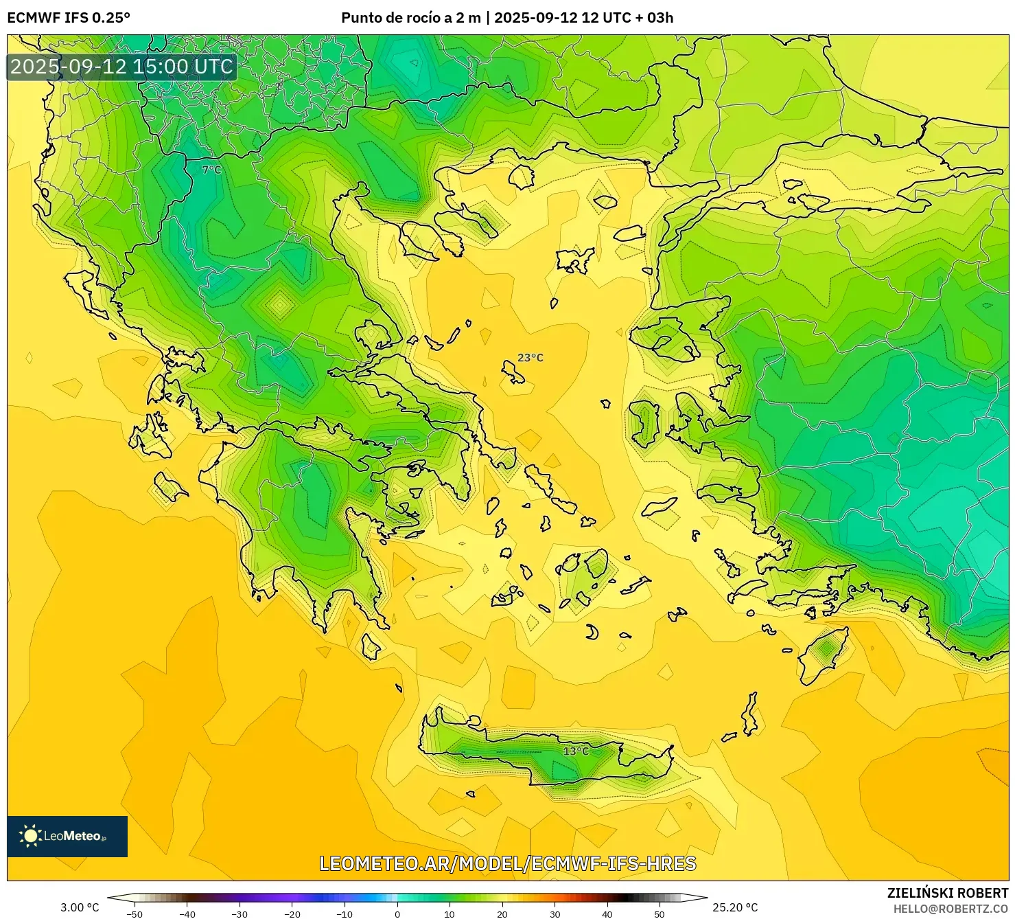 ECMWF IFS 0.25° model - Grecia, Punto de rocío a 2 m