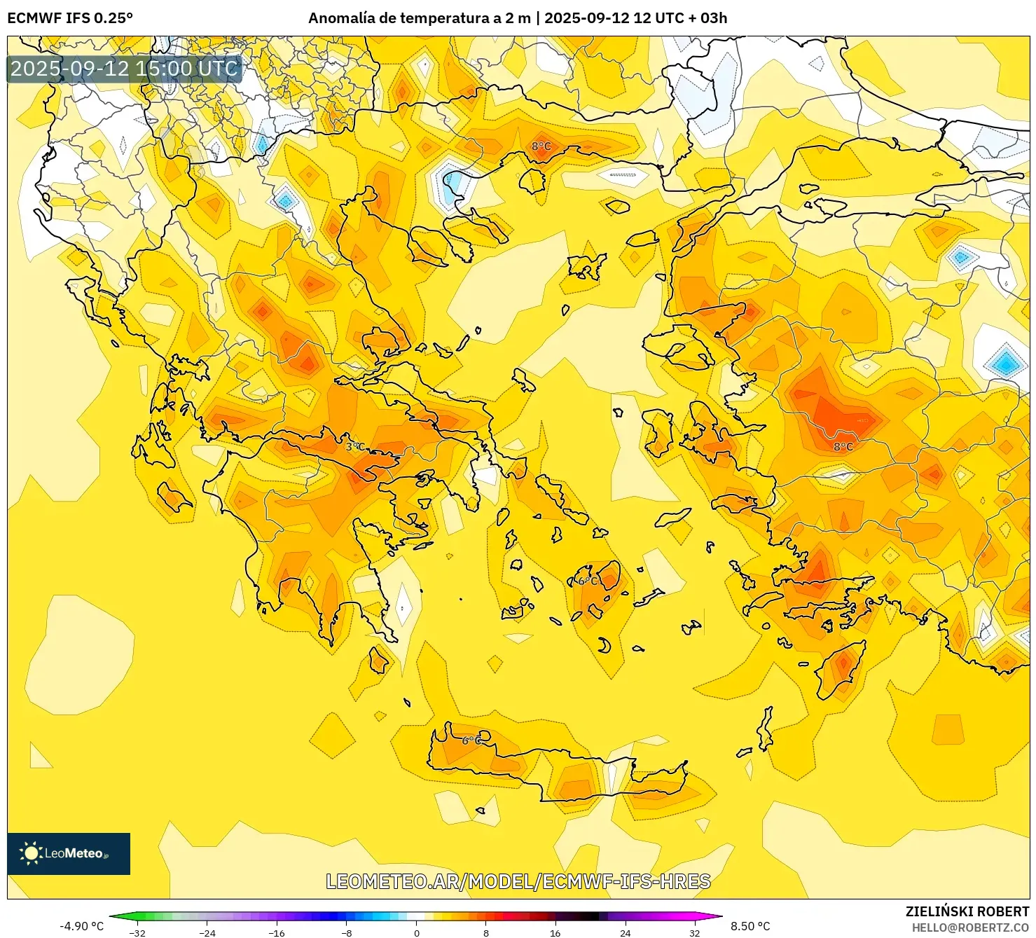 ECMWF IFS 0.25° model - Grecia, Anomalía de temperatura a 2 m