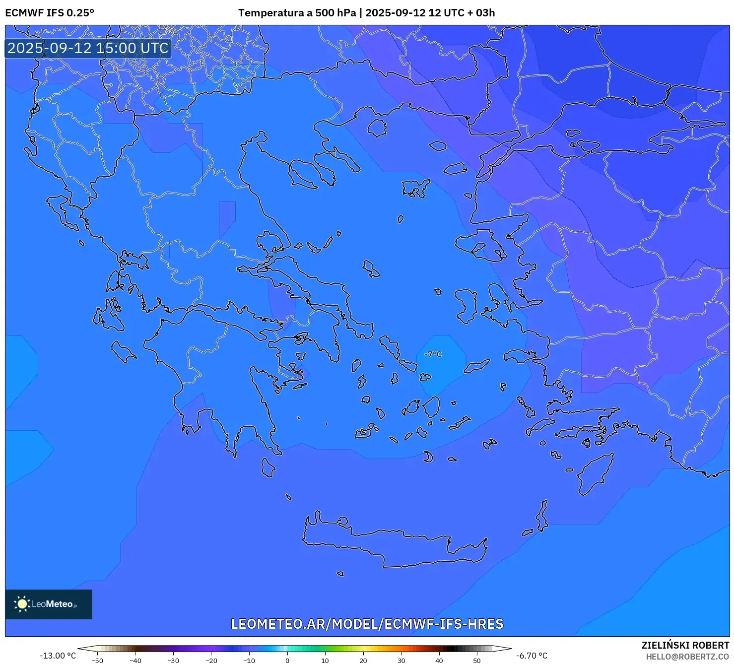 ECMWF IFS 0.25° model - Grecia, Temperatura a 500 hPa