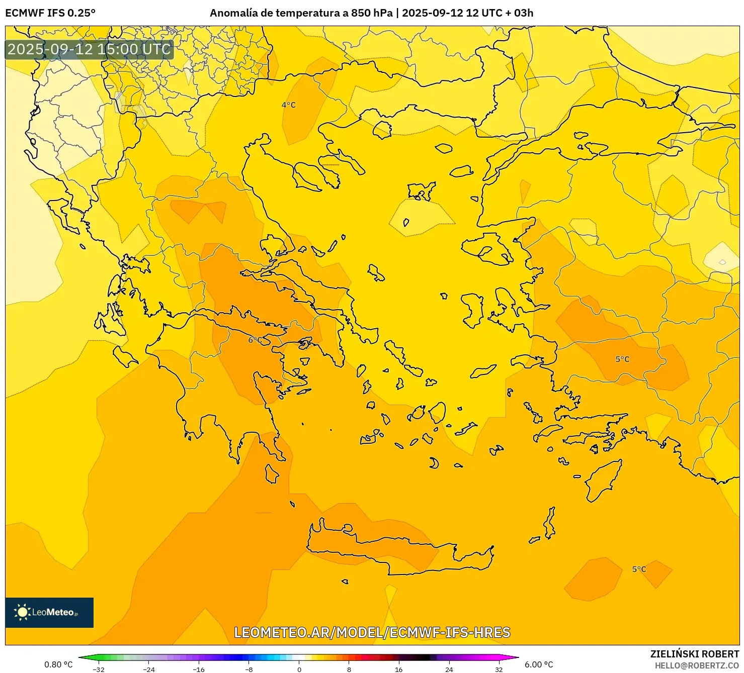 ECMWF IFS 0.25° model - Grecia, Anomalía de temperatura a 850 hPa ECMWF IFS 0.25° model - Grecia, Anomalía de temperatura a 850 hPa